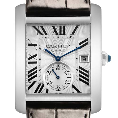The Cartier Tank MC W5330003 Mens Stainless Steel Silver Dial watch is shown from a frontal angle, highlighting its dial, Roman numerals, date window, and leather strap.