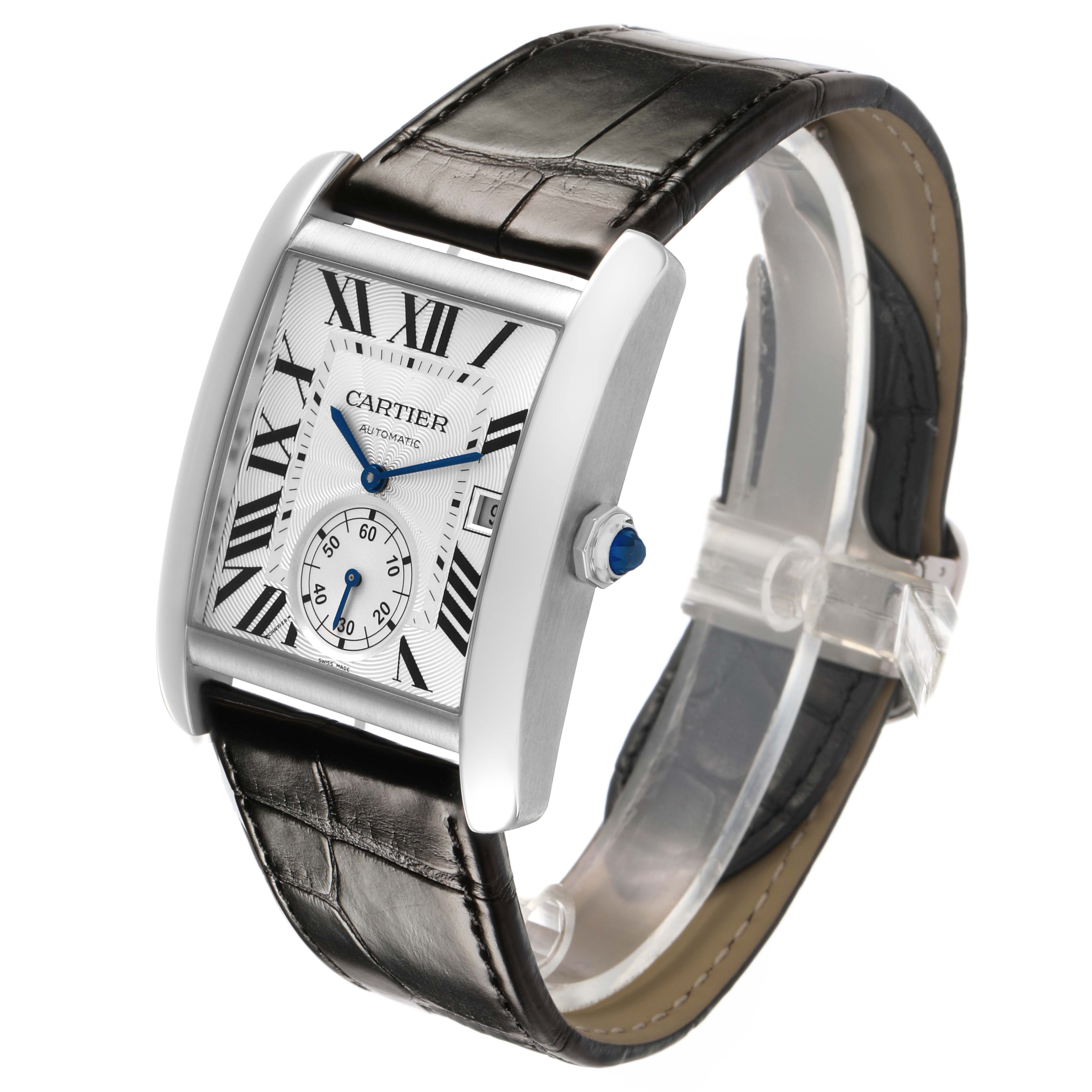 The Cartier Tank MC W5330003 Men's Stainless Steel Silver Dial watch is shown at a three-quarter angle displaying the face, side profile, and leather strap.