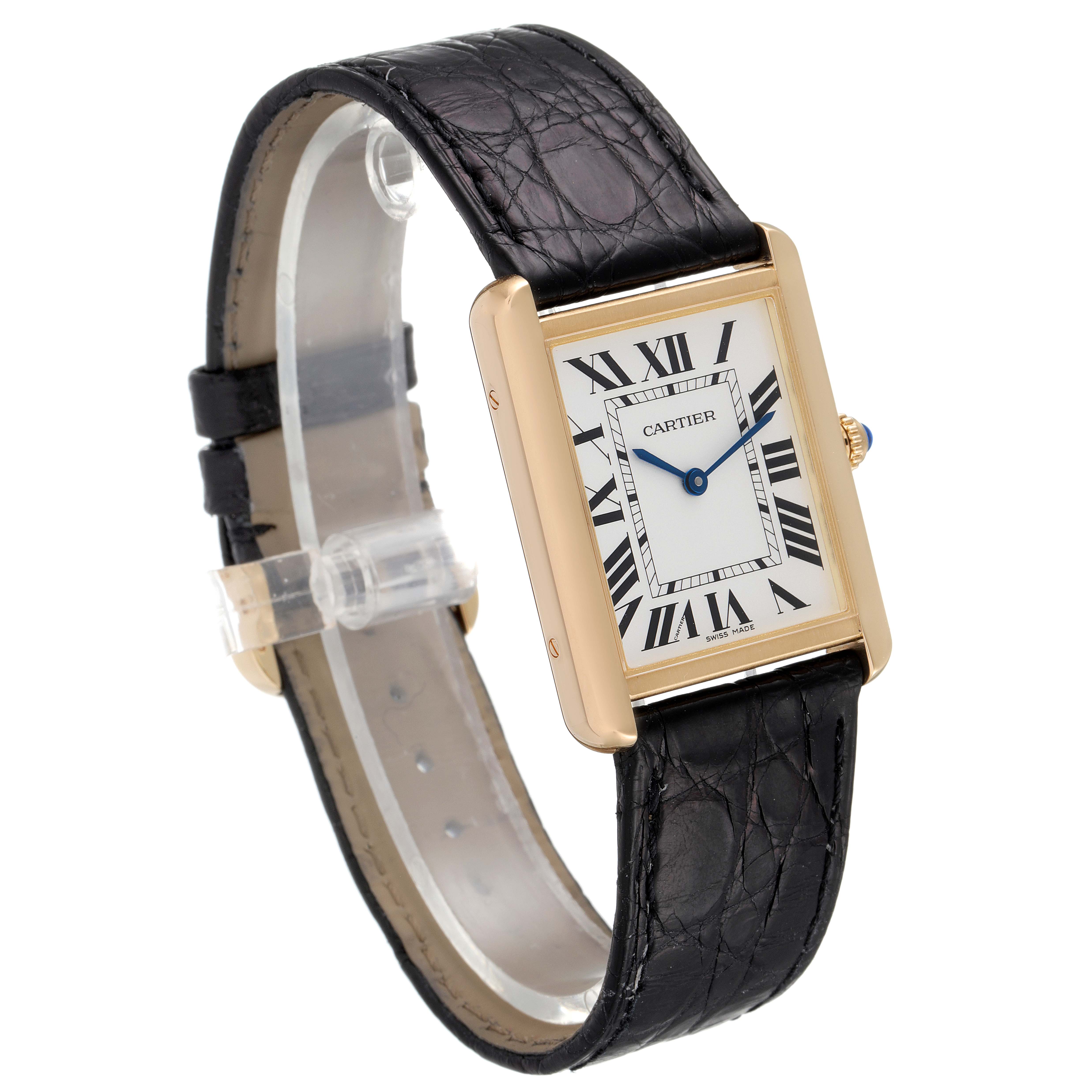 The Cartier Tank Solo W5200004 Men
s Yellow Gold Silver Dial W5200004 Men
s Yellow Gold Silver Dial watch is shown at an angle highlighting the face, case, and black leather strap.