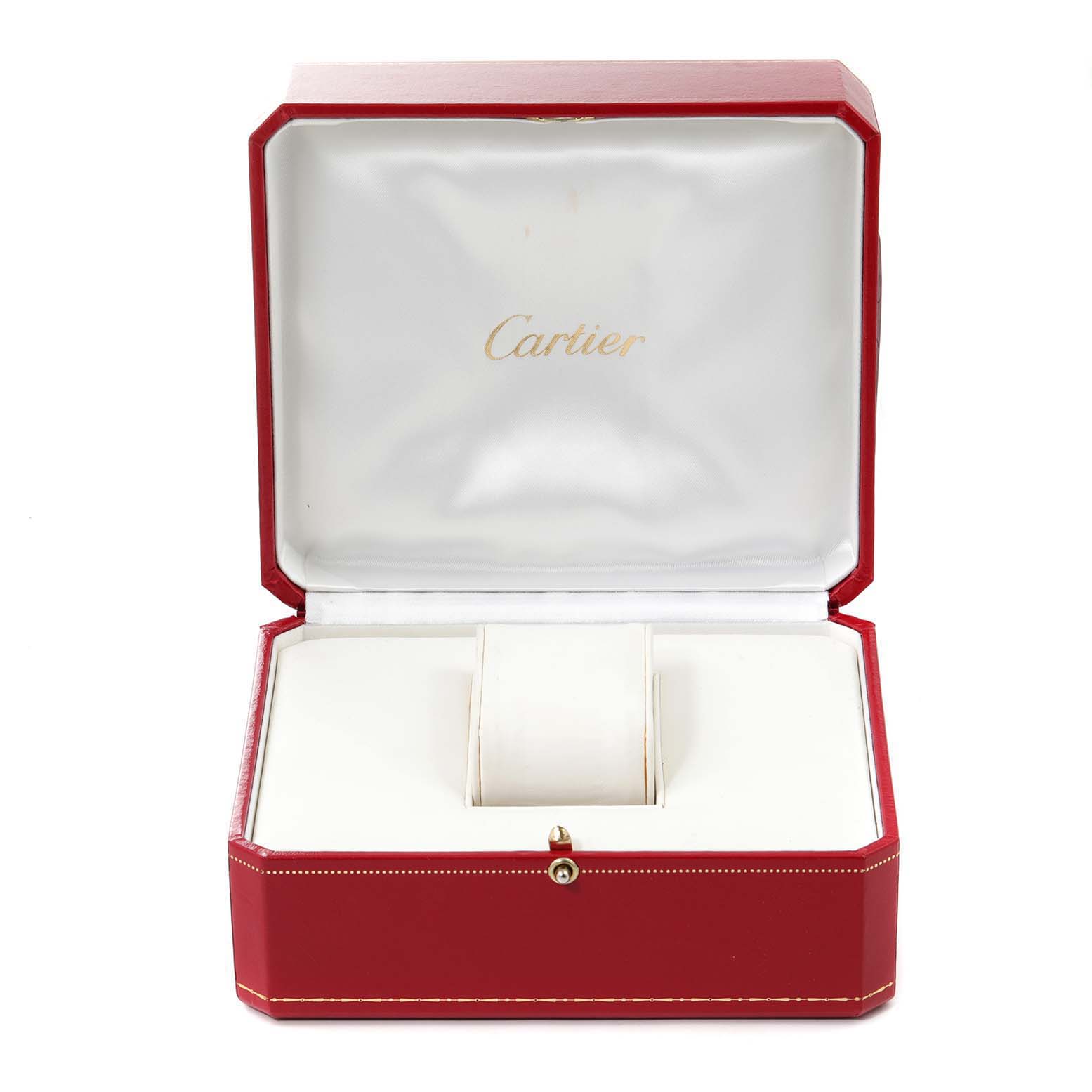 This image shows an open red Cartier box designed to hold the Tank Solo model watch, with its interior clearly visible.
