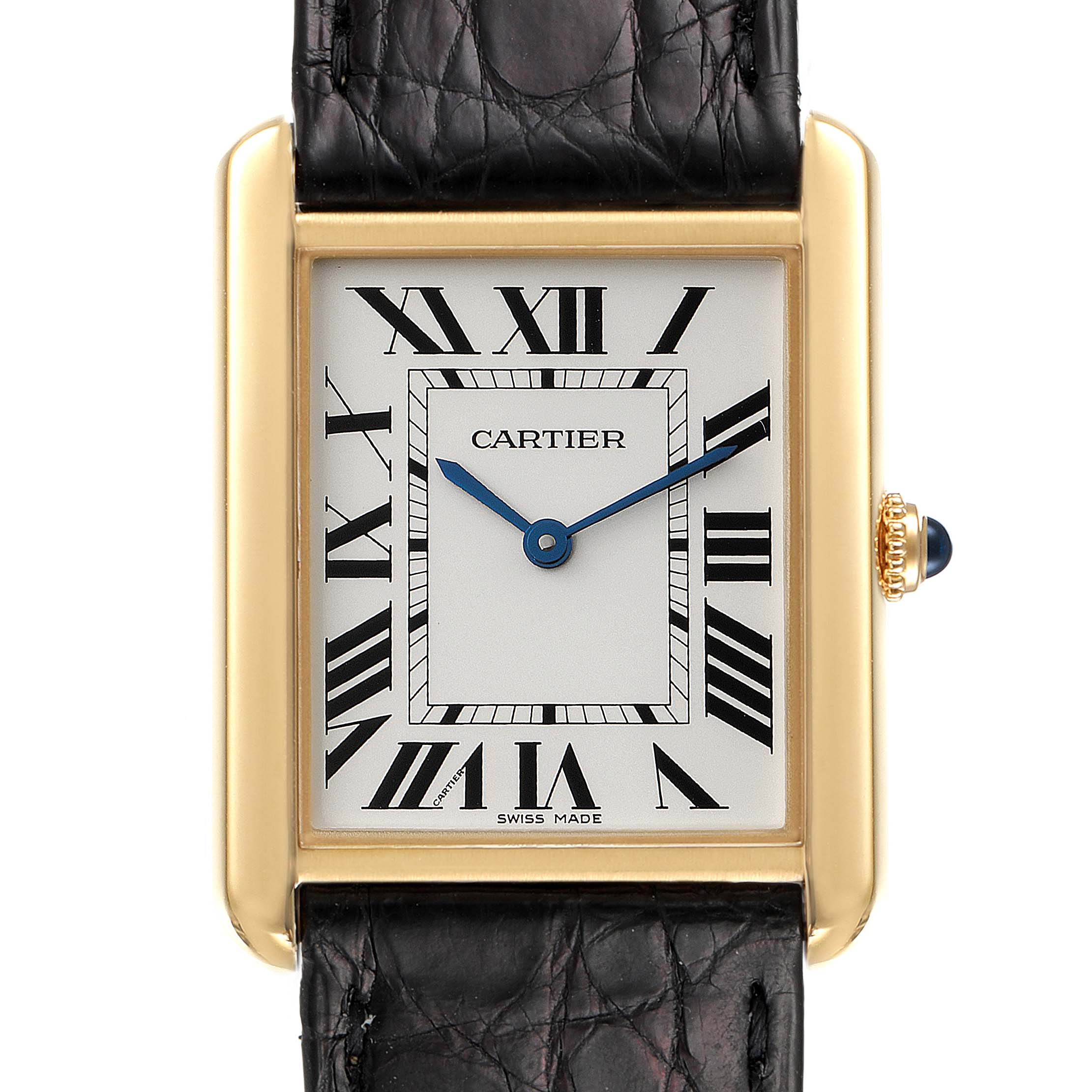 This image shows a frontal view of the Cartier Tank Solo W5200004 Men
s Yellow Gold Silver Dial W5200004 Men
s Yellow Gold Silver Dial watch, highlighting its dial, Roman numerals, blue hands, crown, and black leather strap.