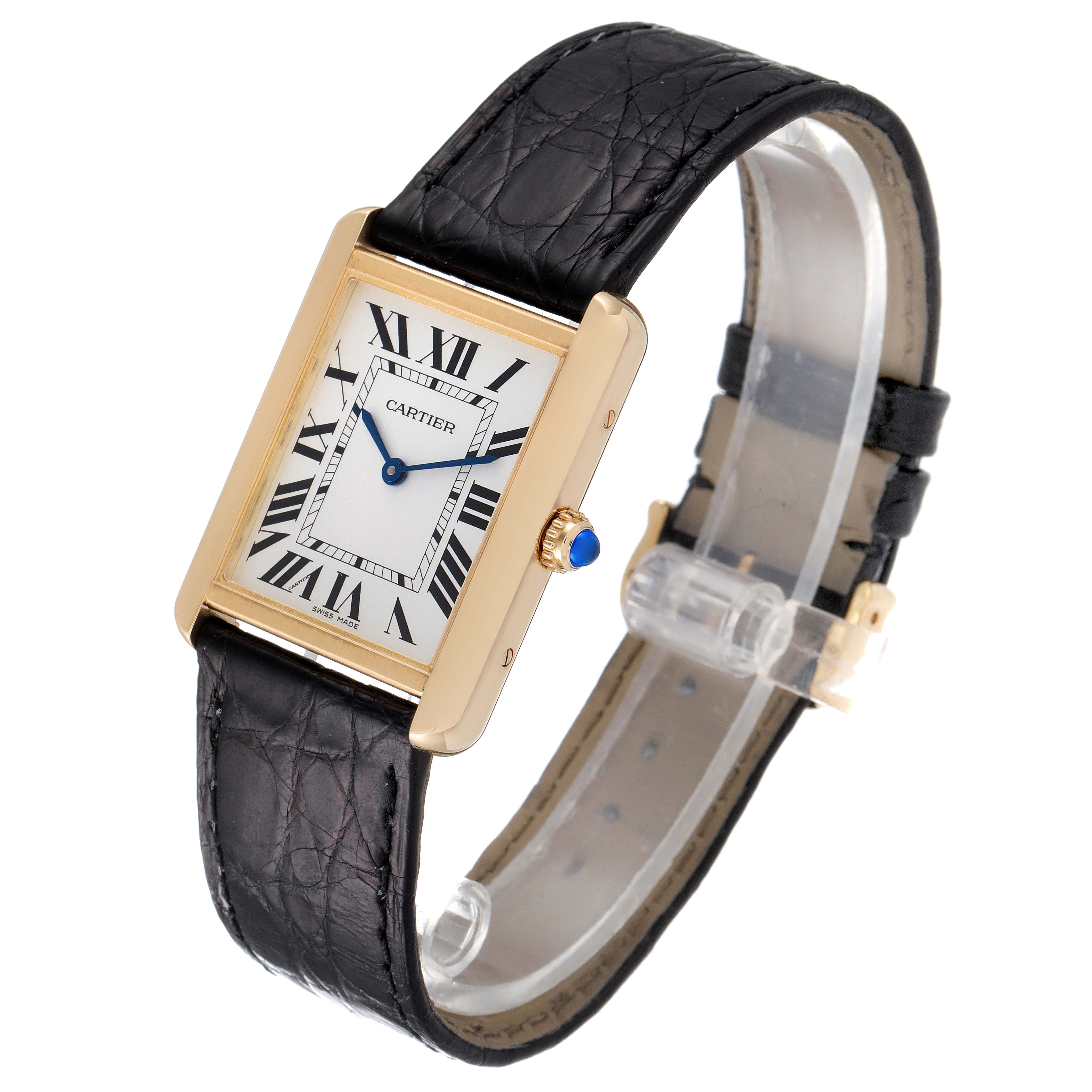 The Cartier Tank Solo W5200004 Men
s Yellow Gold Silver Dial W5200004 Men
s Yellow Gold Silver Dial watch is shown at a three-quarter angle, displaying the face, strap, and side crown.