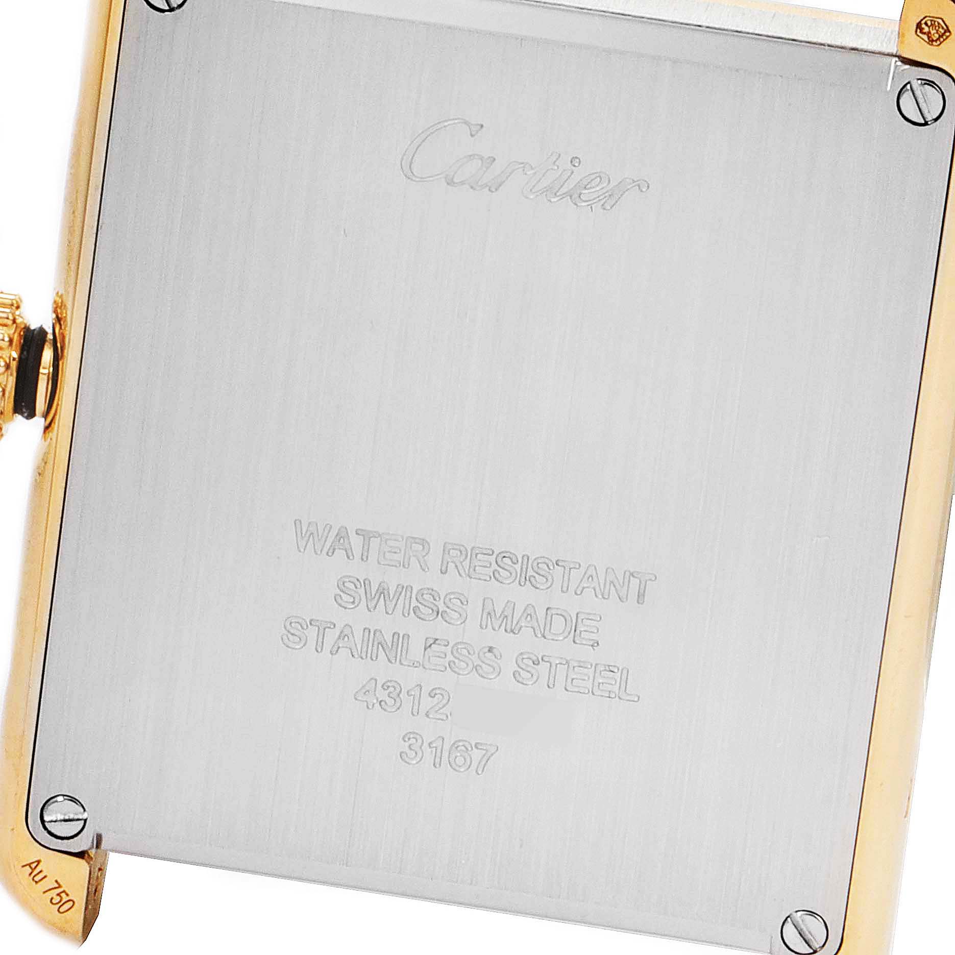 This image shows the back of a Cartier Tank Solo W5200004 Men
s Yellow Gold Silver Dial W5200004 Men
s Yellow Gold Silver Dial watch, displaying its engravings and screws.