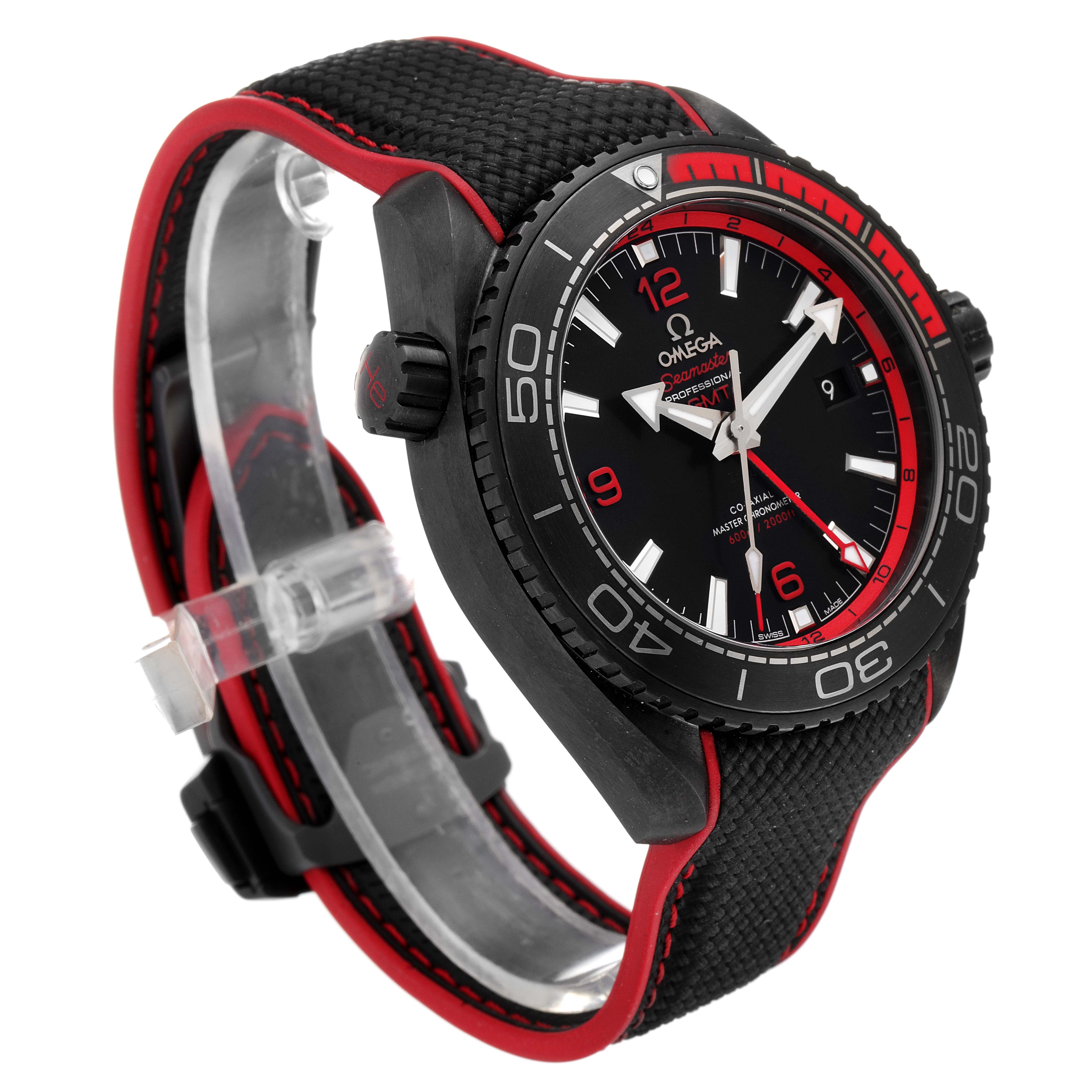 This image shows a side angle of the Omega Planet Ocean 215.92.46.22.01.003 Men's Ceramic Black Dial 215.92.46.22.01.003 Men's Ceramic Black Dial watch, highlighting its black and red bezel, strap, and dial.