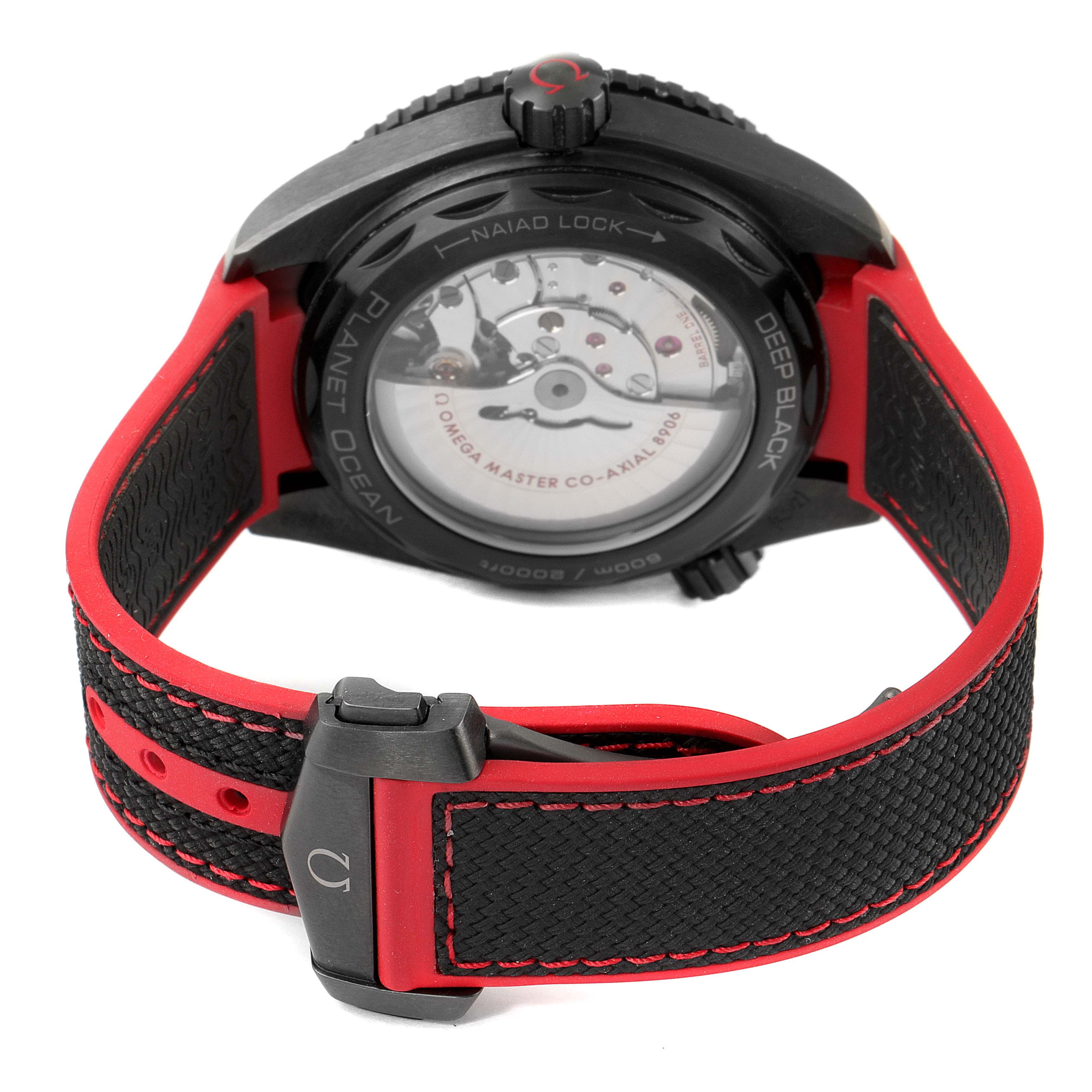 The image shows the back view of an Omega Planet Ocean 215.92.46.22.01.003 Men's Ceramic Black Dial 215.92.46.22.01.003 Men's Ceramic Black Dial watch, highlighting the strap, buckle, and case back.