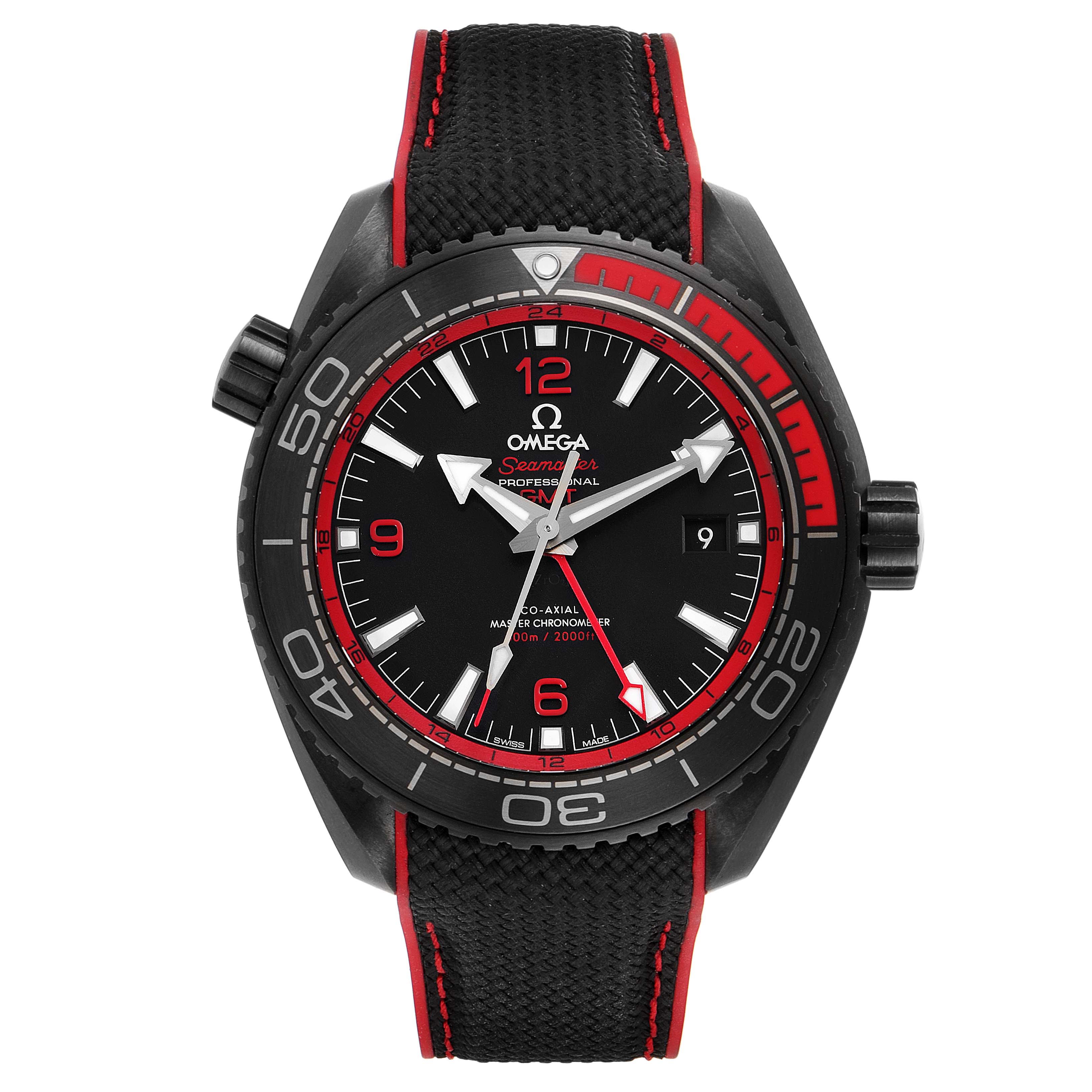 The image shows a frontal view of the Omega Planet Ocean 215.92.46.22.01.003 Men's Ceramic Black Dial 215.92.46.22.01.003 Men's Ceramic Black Dial watch, highlighting its black dial and strap with red accents.