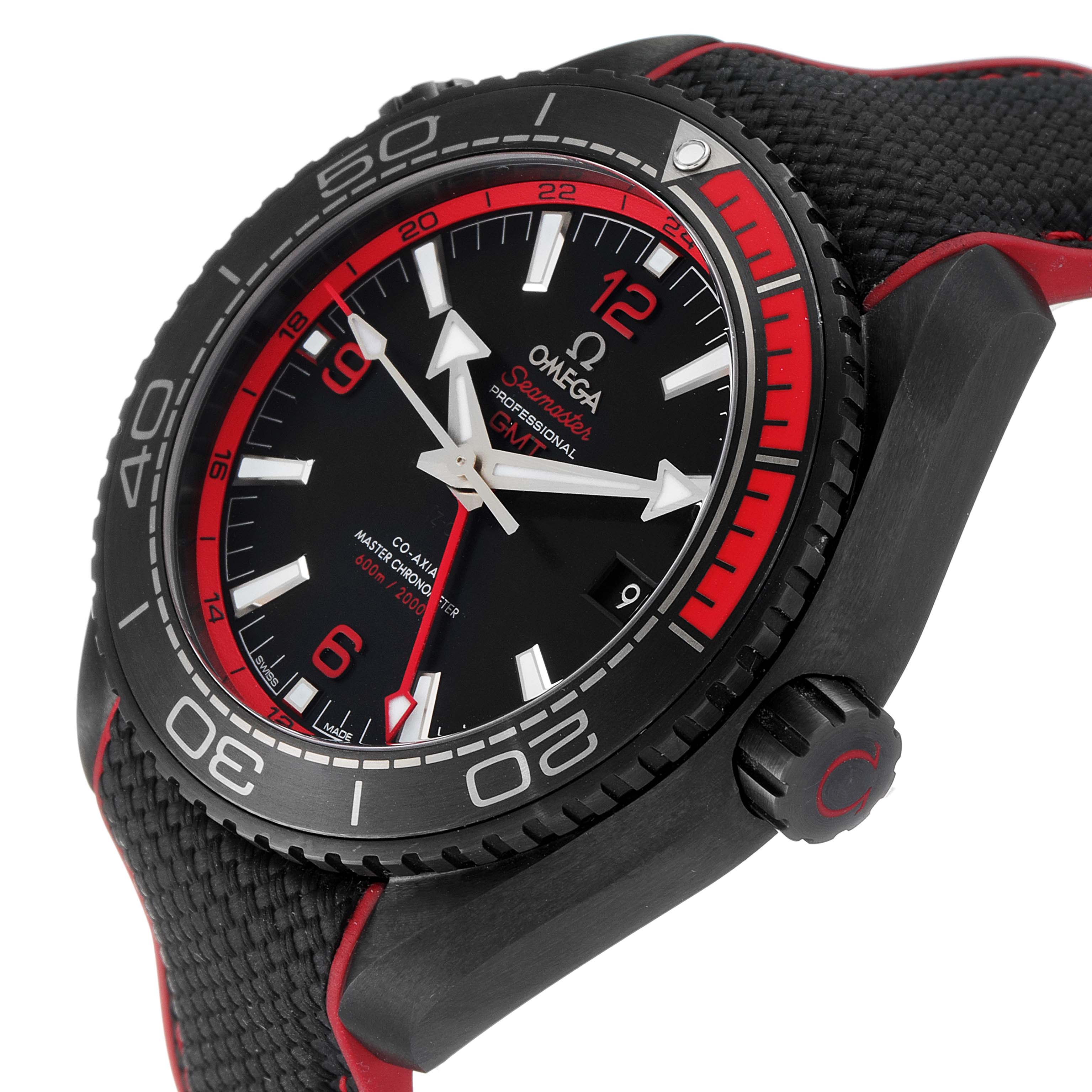 The image shows the front and side of an Omega Planet Ocean 215.92.46.22.01.003 Men's Ceramic Black Dial 215.92.46.22.01.003 Men's Ceramic Black Dial watch, highlighting the bezel, dial, and crown.