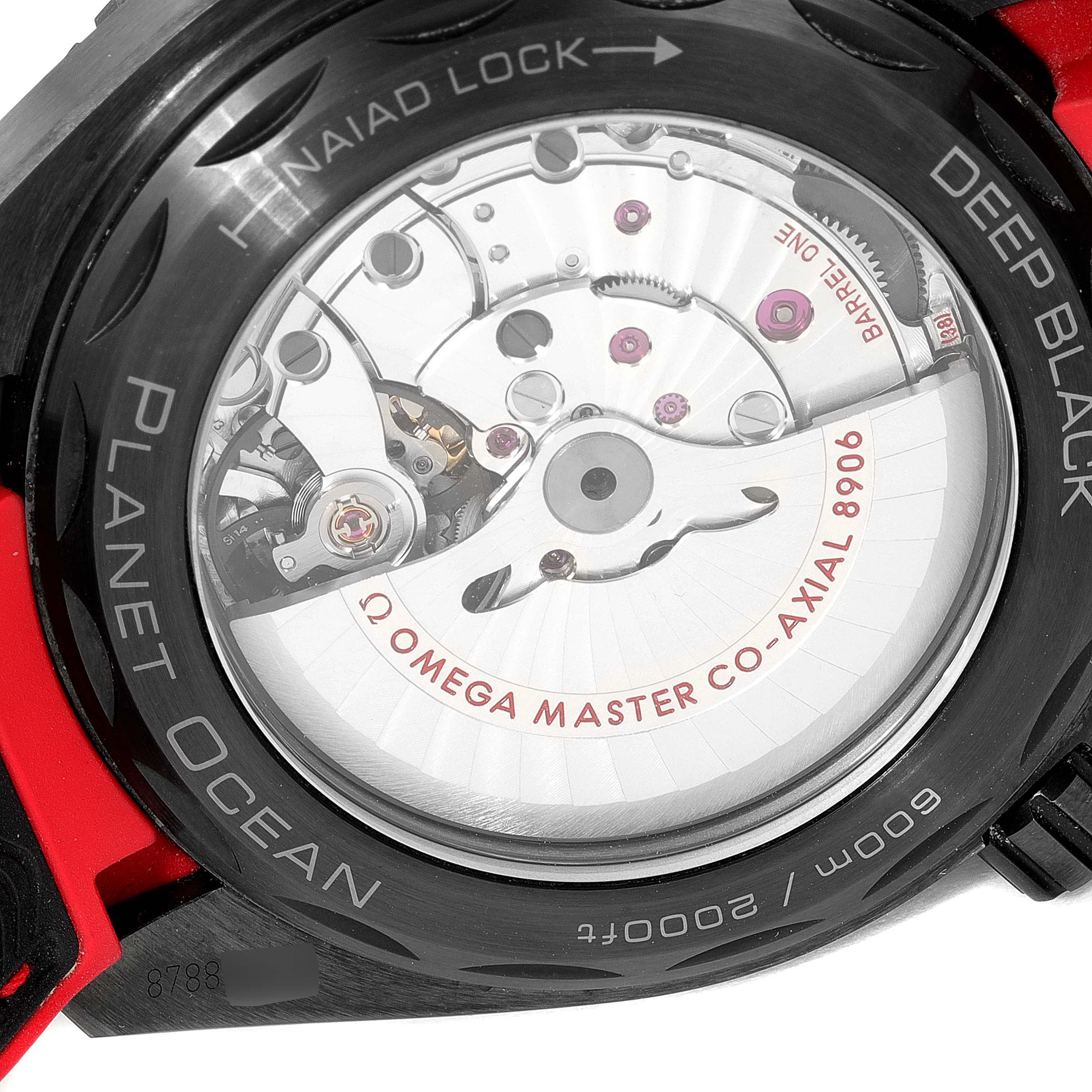 The image shows the back side of the Omega Planet Ocean 215.92.46.22.01.003 Men's Ceramic Black Dial 215.92.46.22.01.003 Men's Ceramic Black Dial Deep Black watch, highlighting its movement and Naiad Lock system.