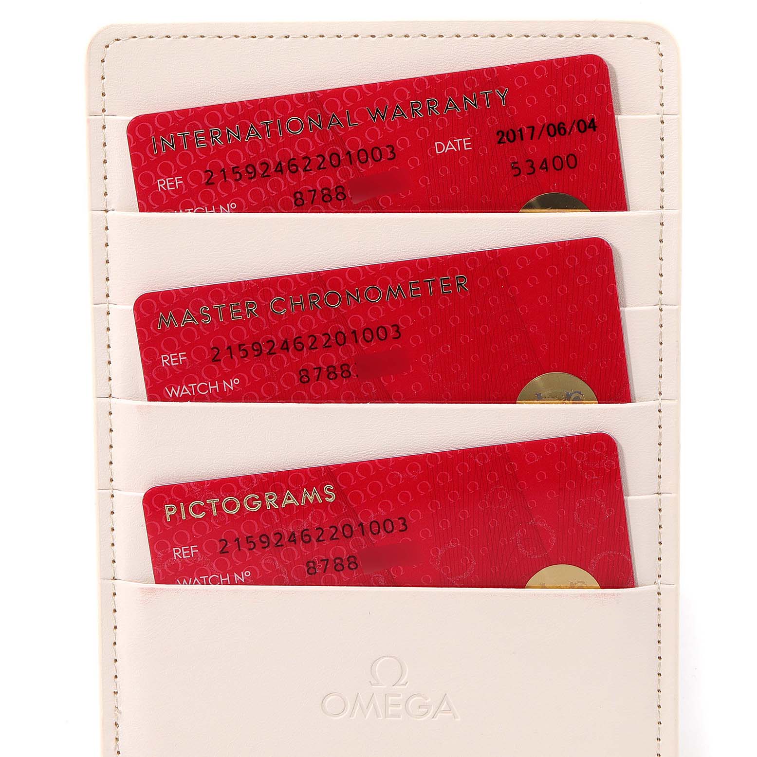 This image shows the international warranty cards for the Omega Planet Ocean 215.92.46.22.01.003 Men's Ceramic Black Dial 215.92.46.22.01.003 Men's Ceramic Black Dial watch in a white cardholder.