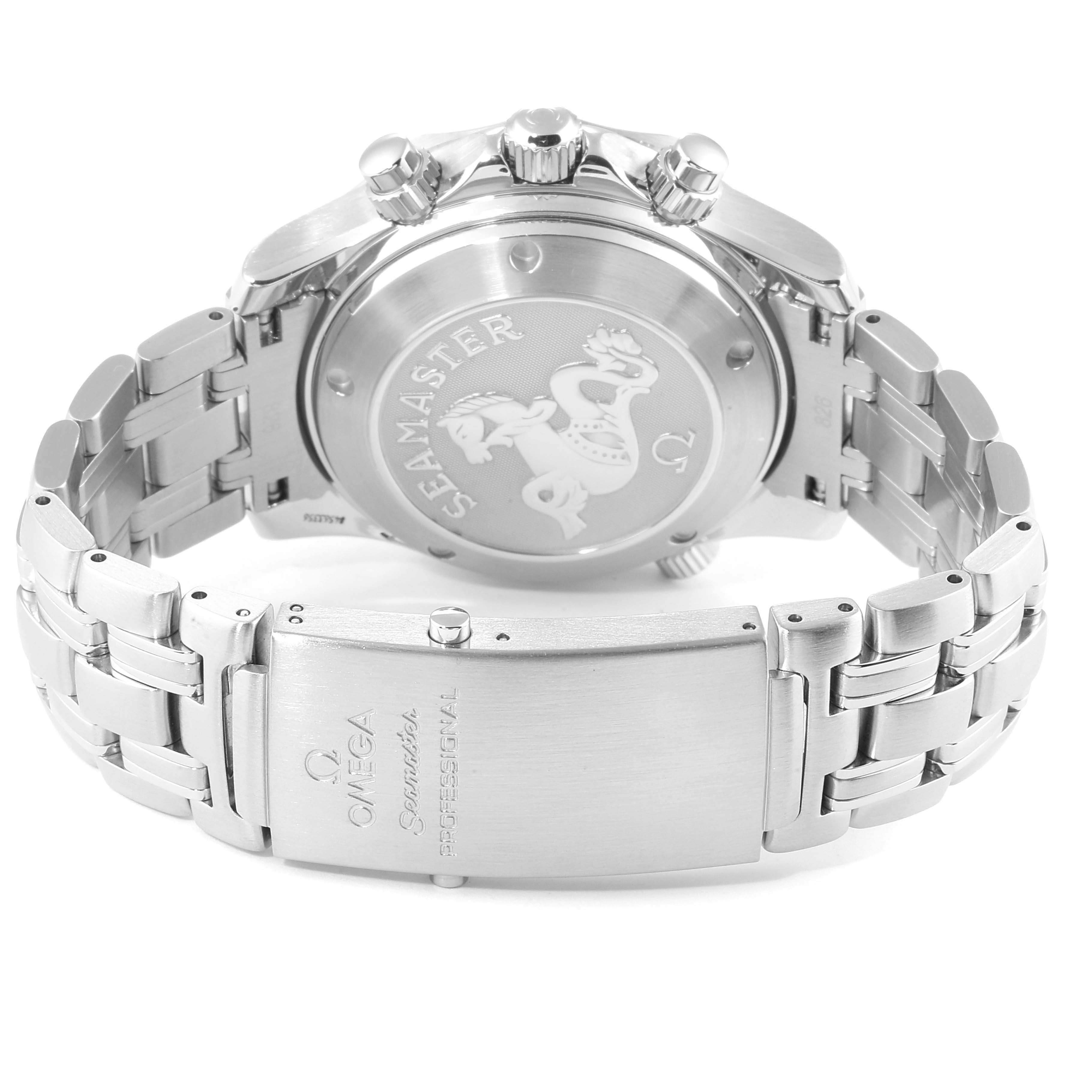 The image shows the backside and clasp of an Omega Seamaster 2225.80.00 Men
s Stainless Steel Blue Dial 2225.80.00 Men
s Stainless Steel Blue Dial watch, highlighting its engraving and metal bracelet.