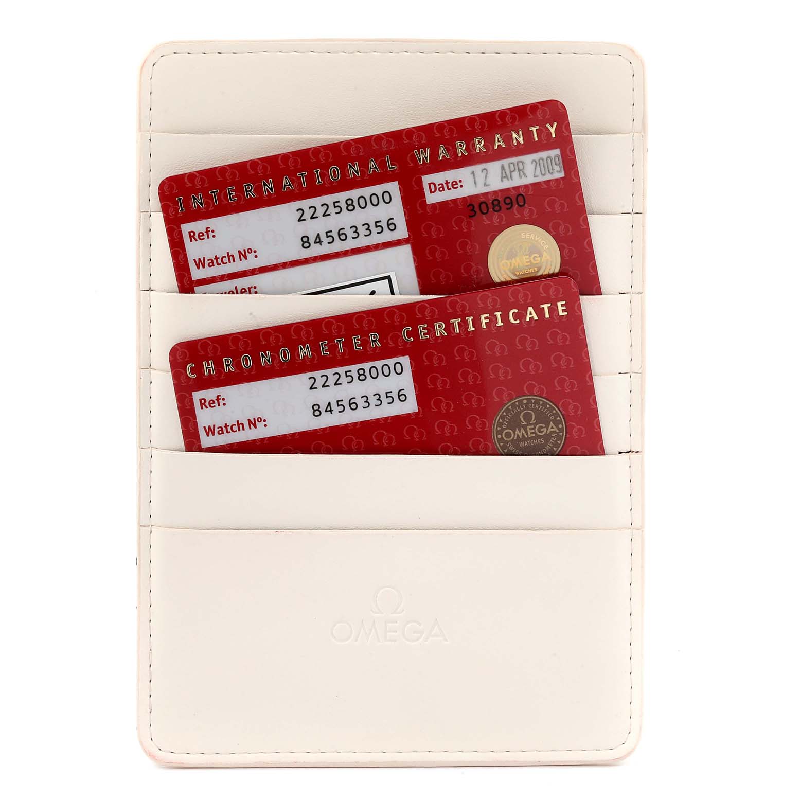 The image shows warranty and chronometer certificate cards for an Omega Seamaster 2225.80.00 Men
s Stainless Steel Blue Dial 2225.80.00 Men
s Stainless Steel Blue Dial watch in a card holder.