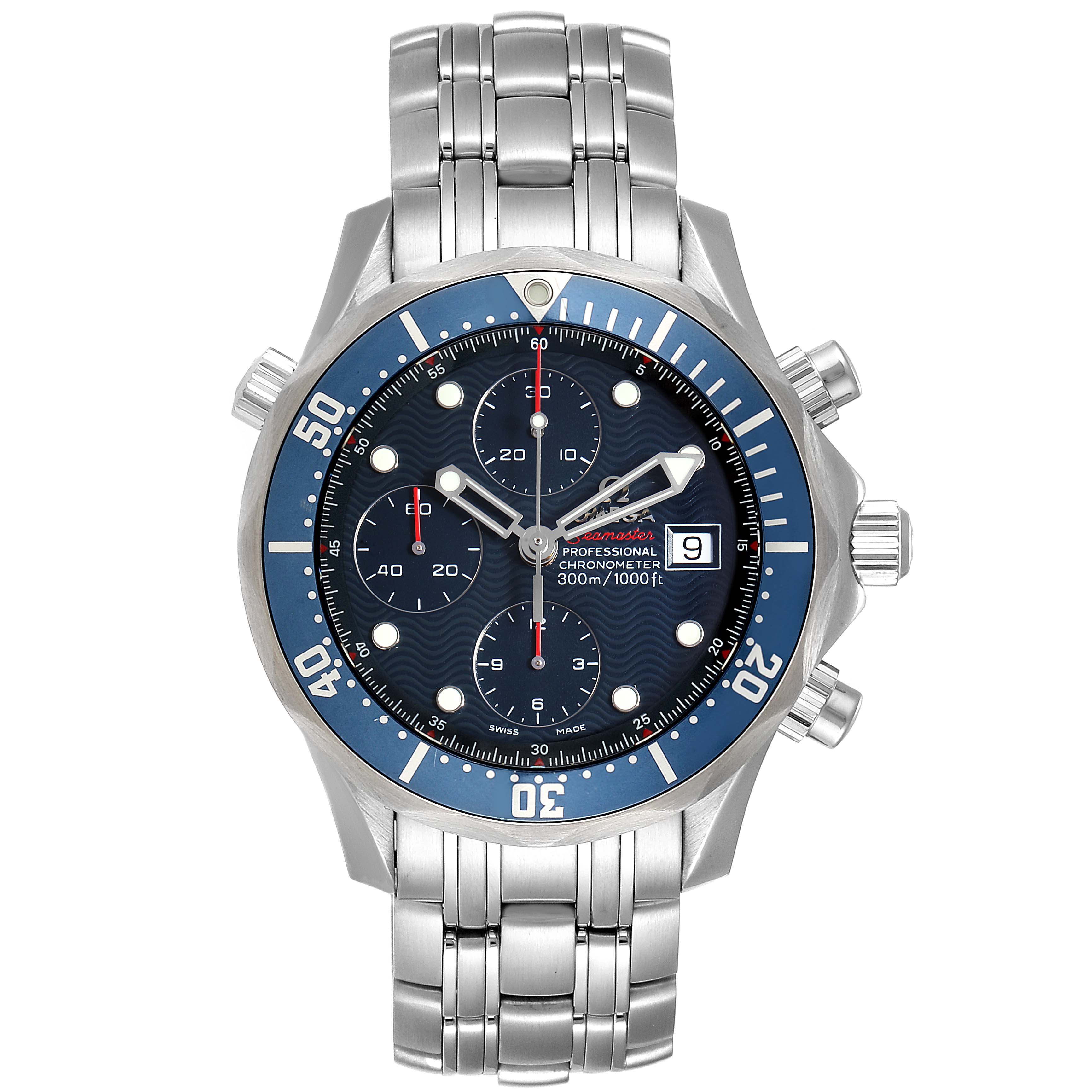 The Omega Seamaster 2225.80.00 Men
s Stainless Steel Blue Dial 2225.80.00 Men
s Stainless Steel Blue Dial watch is shown from a front angle, displaying its blue dial, chronograph subdials, date window, and stainless steel bracelet.