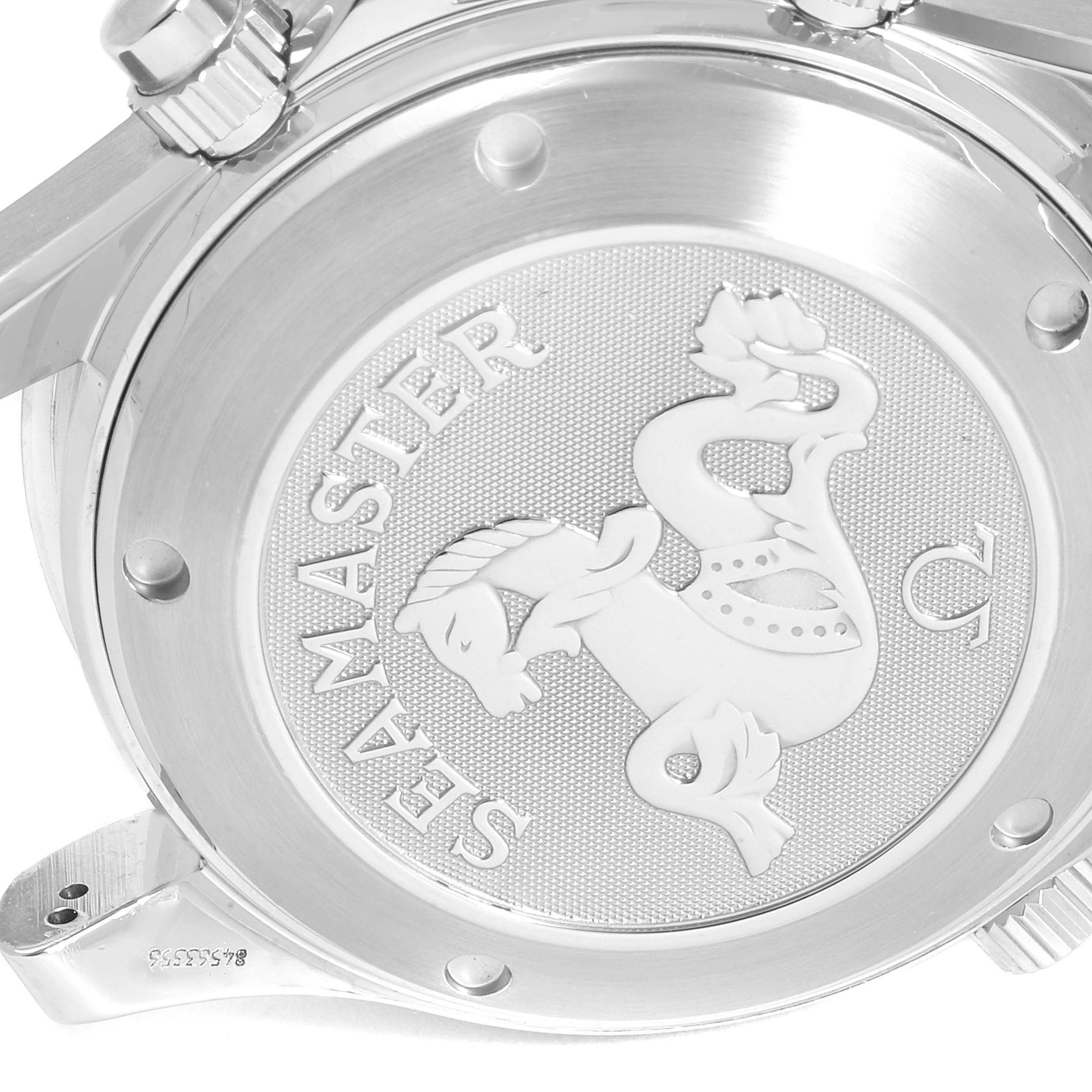 The image shows the back case of the Omega Seamaster 2225.80.00 Men
s Stainless Steel Blue Dial 2225.80.00 Men
s Stainless Steel Blue Dial watch, featuring the engraved logo and some of the lugs and crown.