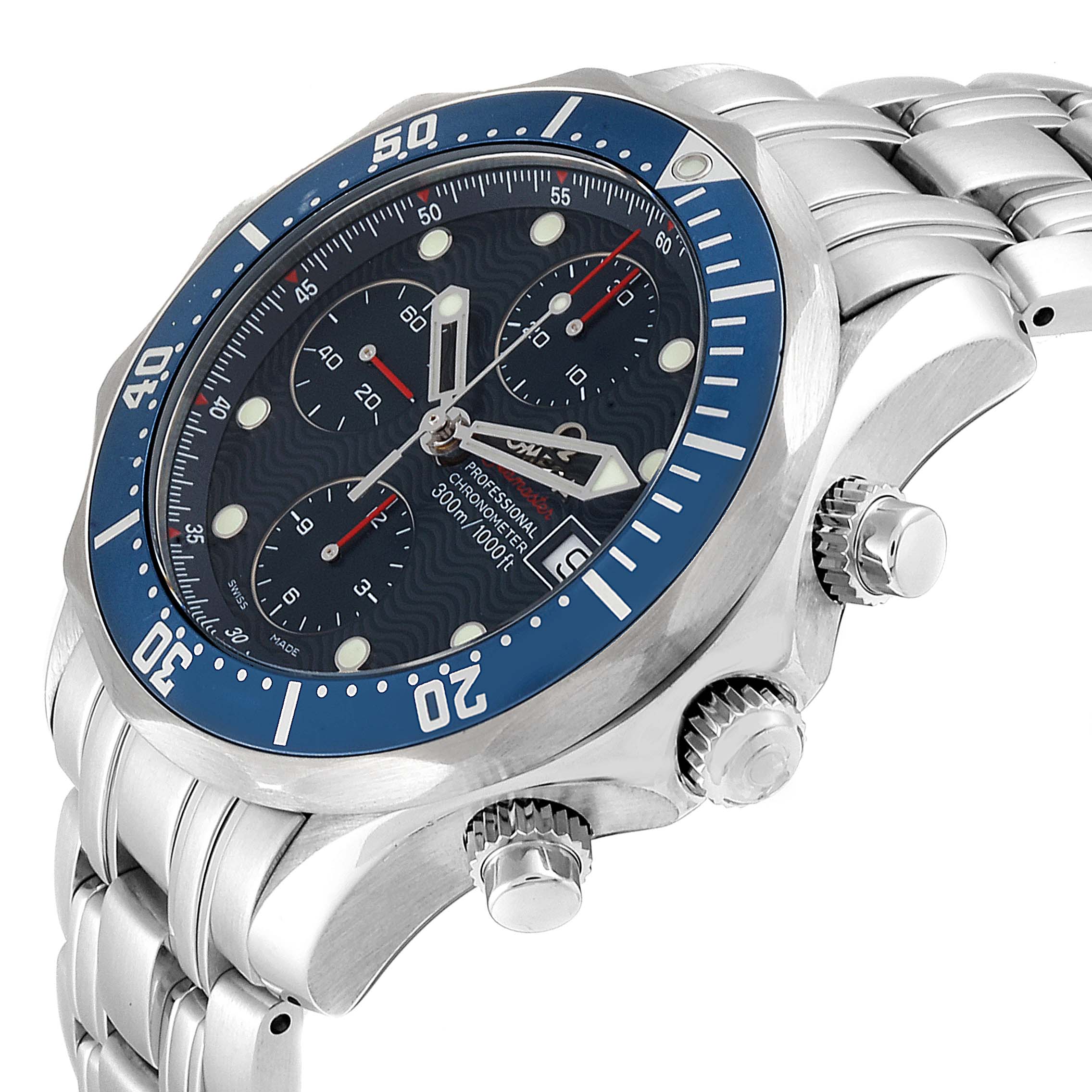 The image shows an angled close-up of the Omega Seamaster 2225.80.00 Men
s Stainless Steel Blue Dial 2225.80.00 Men
s Stainless Steel Blue Dial watch, highlighting the face, bezel, and part of the bracelet.