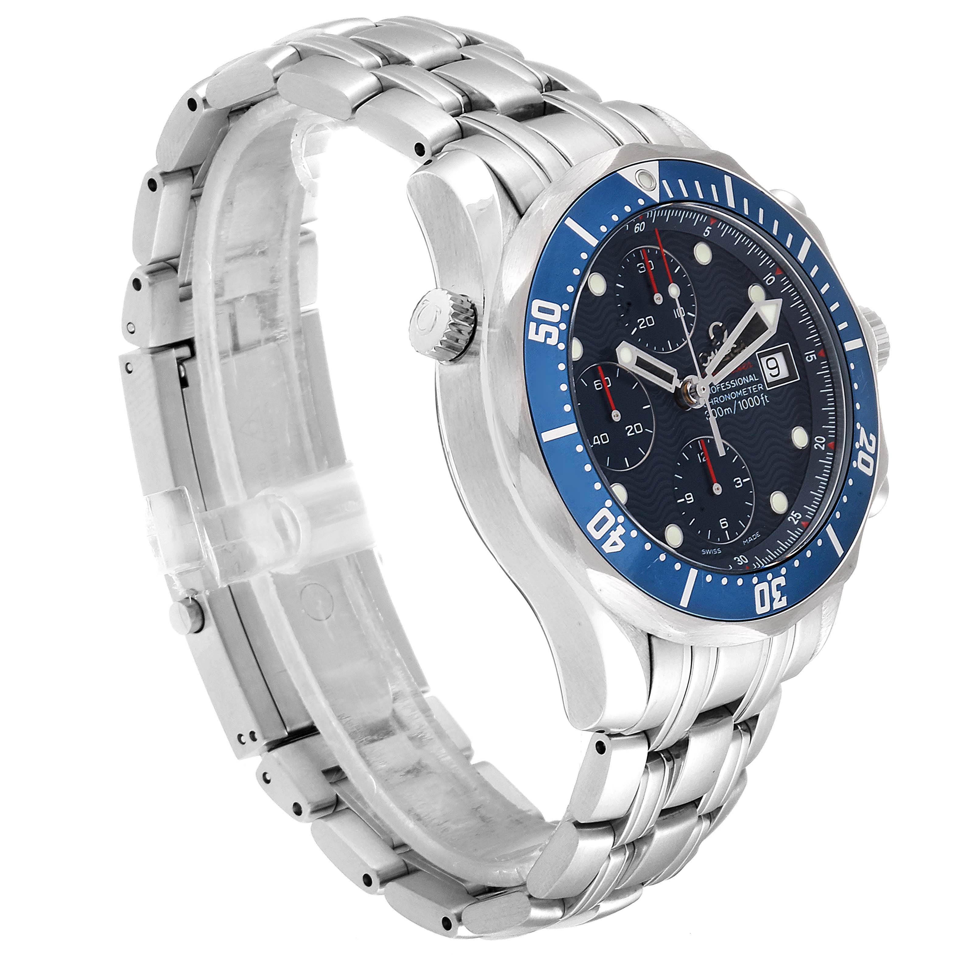 The Omega Seamaster 2225.80.00 Men
s Stainless Steel Blue Dial 2225.80.00 Men
s Stainless Steel Blue Dial watch is shown at a three-quarter angle, highlighting the dial, bezel, crown, and metal bracelet.