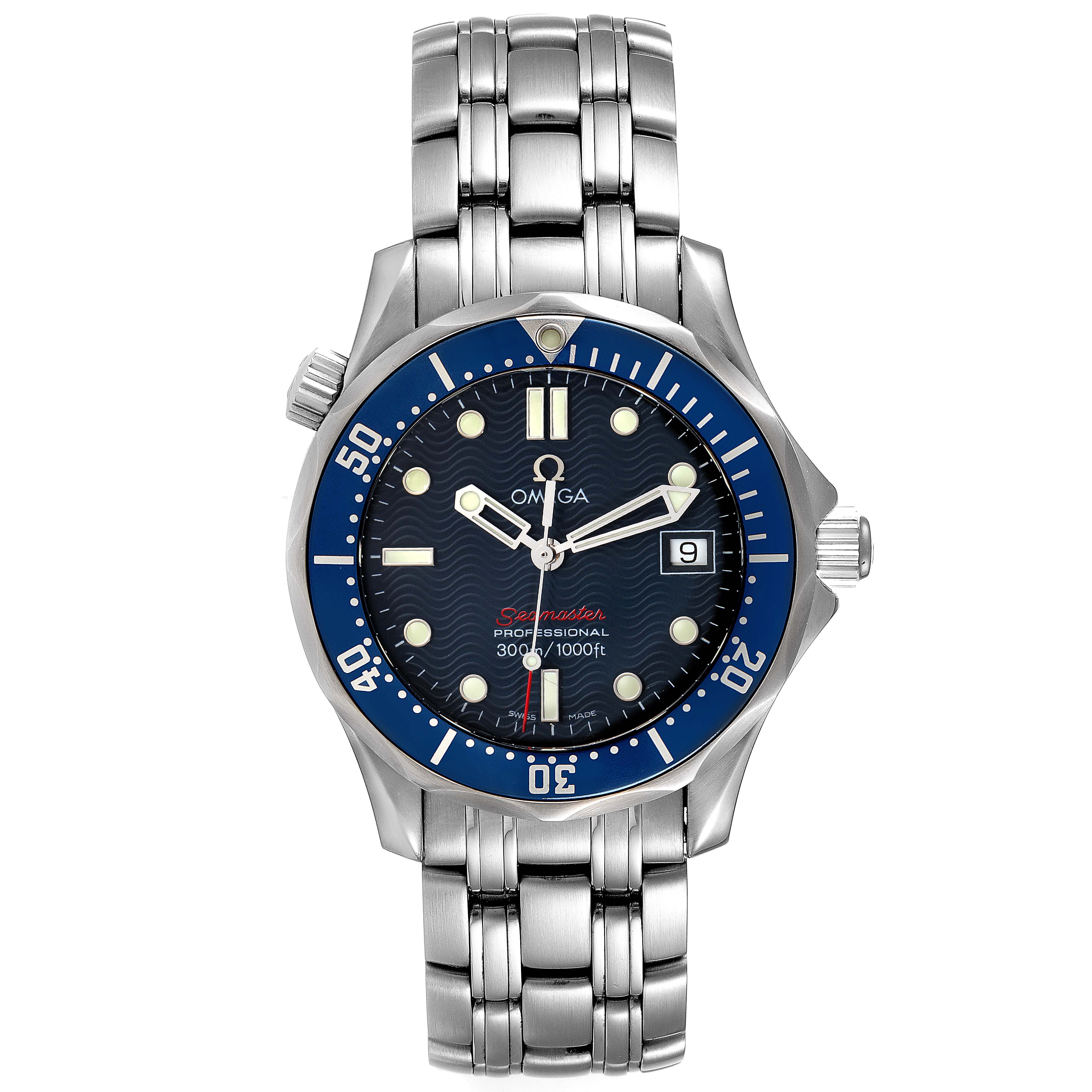 The image shows a full front view of the Omega Seamaster 2223.80.00 Men's Stainless Steel Blue Dial 2223.80.00 Men's Stainless Steel Blue Dial watch, highlighting the dial, bezel, bracelet, and crown.