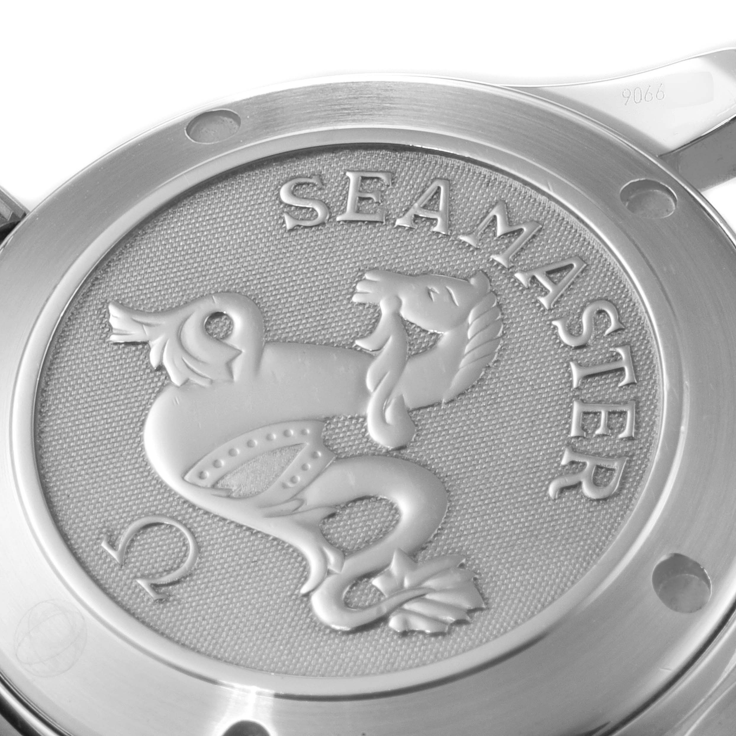 The image shows a close-up of the case back of an Omega Seamaster 2223.80.00 Men's Stainless Steel Blue Dial 2223.80.00 Men's Stainless Steel Blue Dial watch, featuring the emblem and brand name.