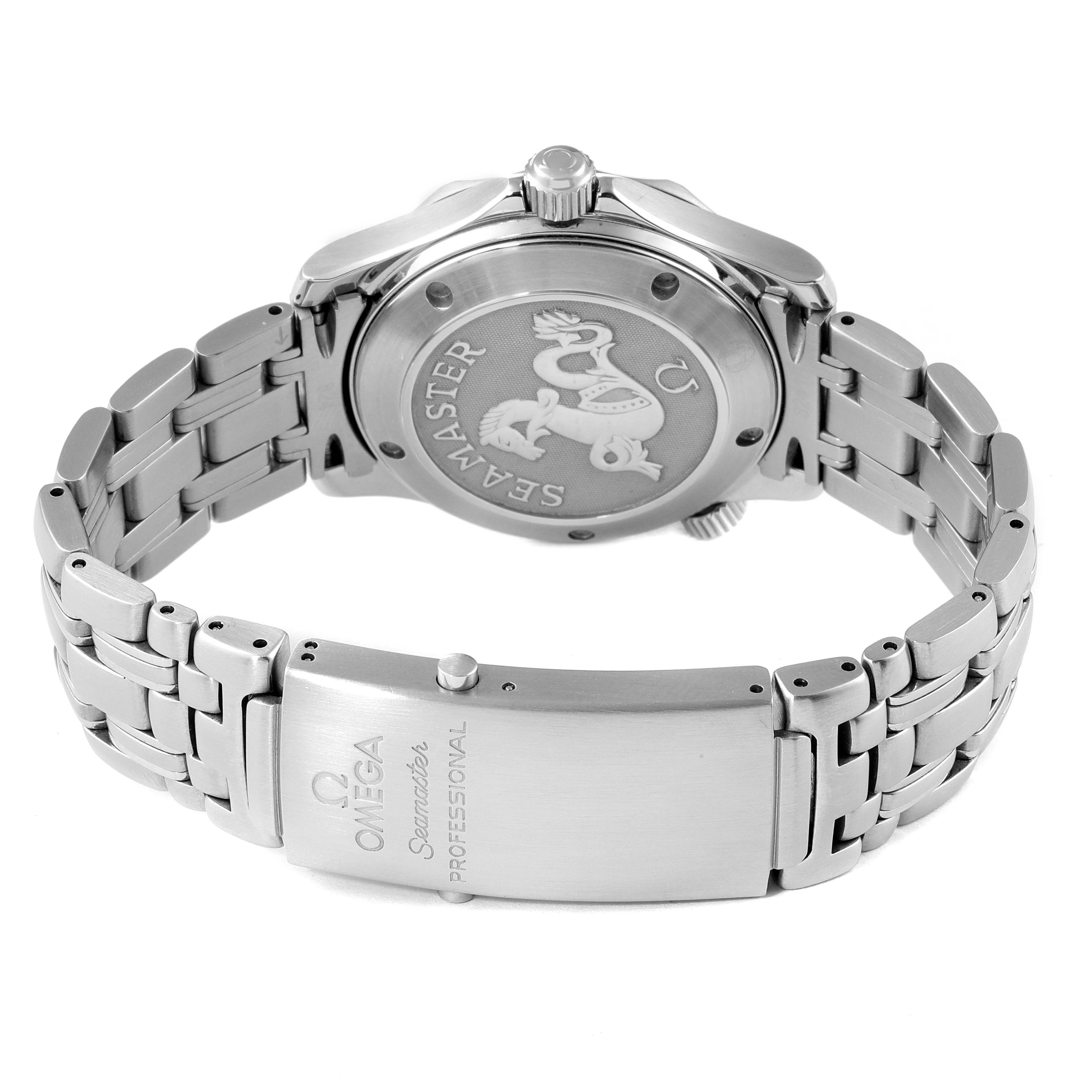 The image shows the back case, crown, and clasp of an Omega Seamaster 2223.80.00 Men's Stainless Steel Blue Dial 2223.80.00 Men's Stainless Steel Blue Dial watch from a rear angle.