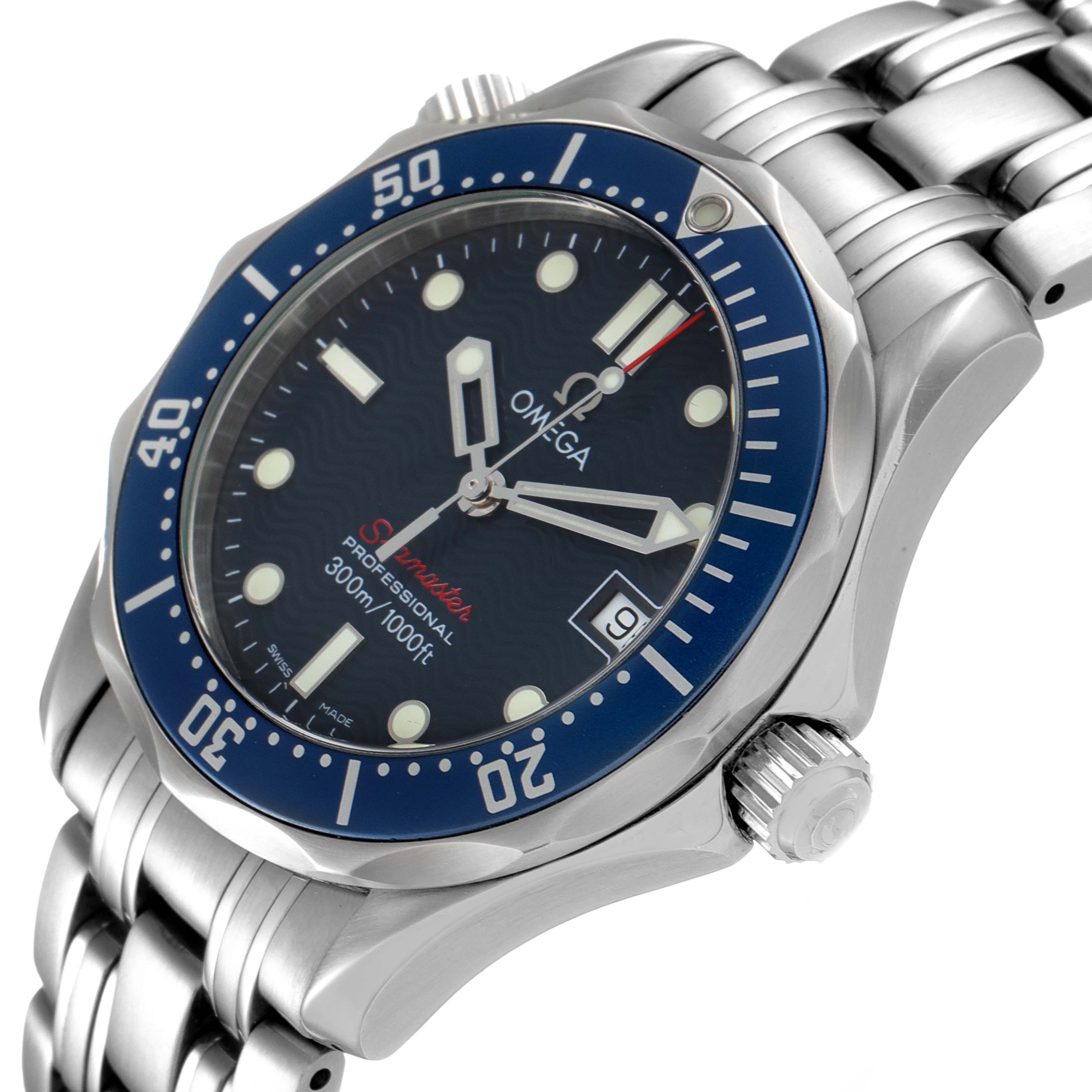 The image shows an angled view of an Omega Seamaster 2223.80.00 Men's Stainless Steel Blue Dial 2223.80.00 Men's Stainless Steel Blue Dial watch, highlighting its stainless steel bracelet, crown, bezel, and face.