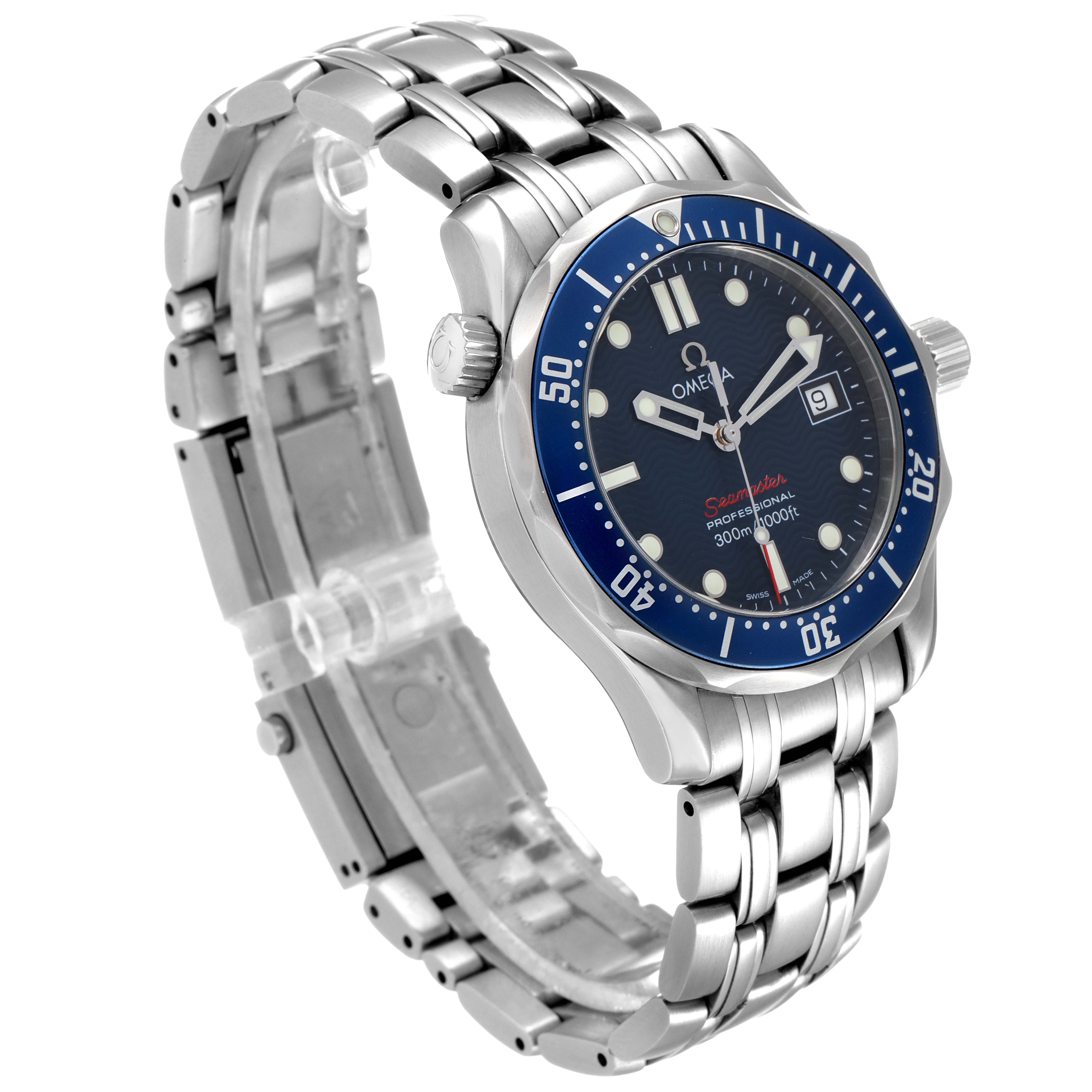 The image shows a side angle of an Omega Seamaster 2223.80.00 Men's Stainless Steel Blue Dial 2223.80.00 Men's Stainless Steel Blue Dial watch featuring its dial, bezel, bracelet, and crown.