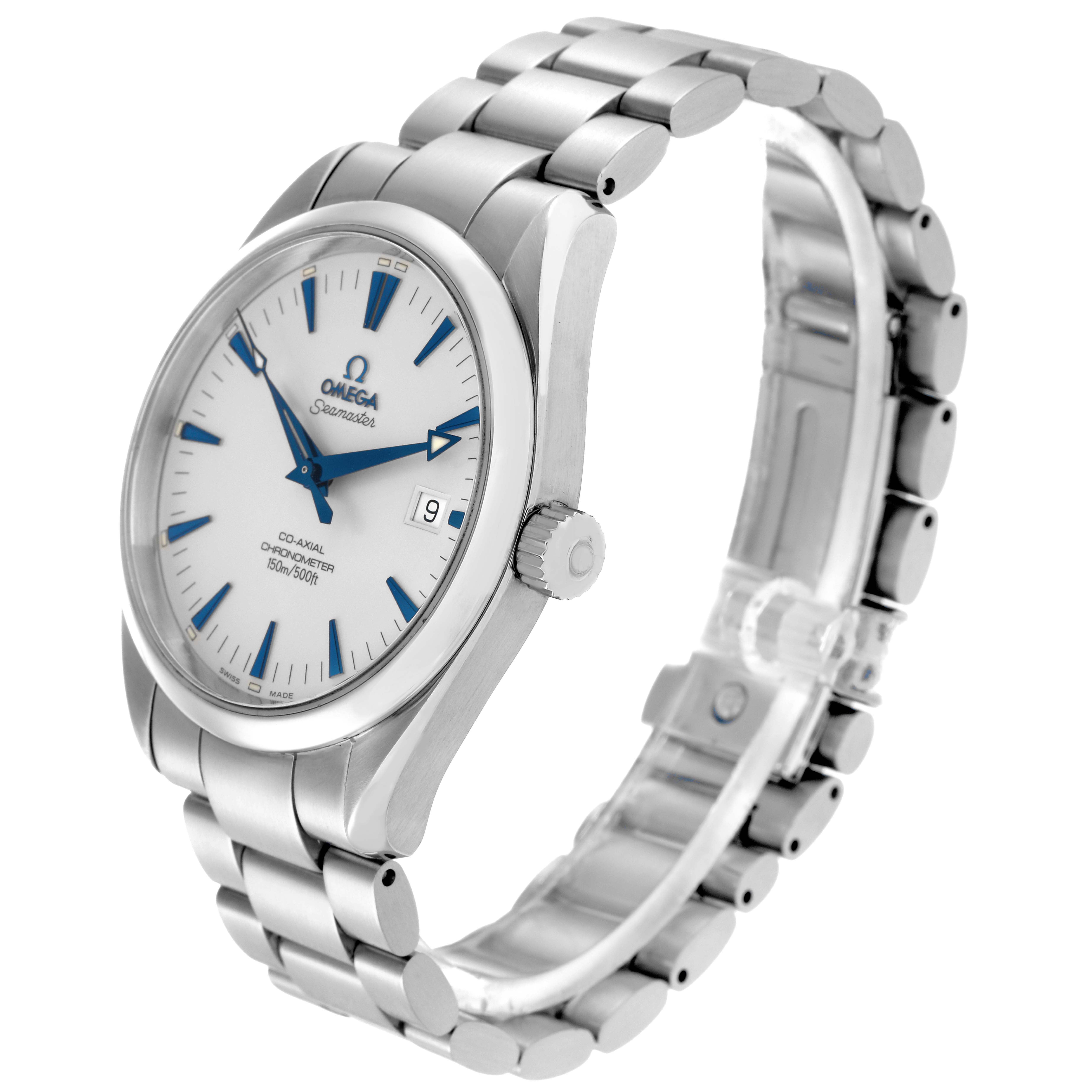 The Omega Aqua Terra 2503.33.00 Men's Stainless Steel Silver Dial watch is shown at a slight side angle, highlighting the face, bezel, crown, and full bracelet.