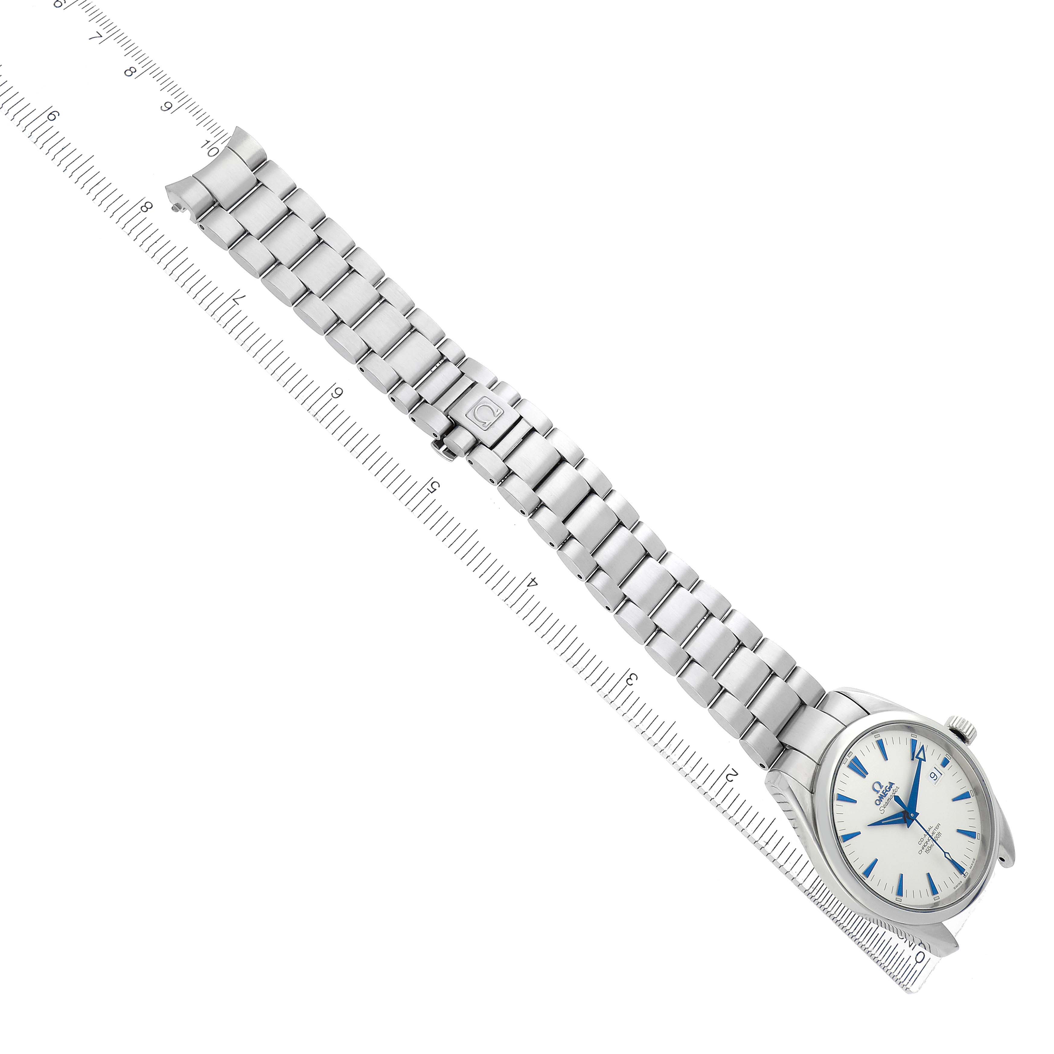 The Omega Aqua Terra 2503.33.00 Men's Stainless Steel Silver Dial watch is shown from a top view, highlighting the face and metal bracelet alongside a ruler for size reference.