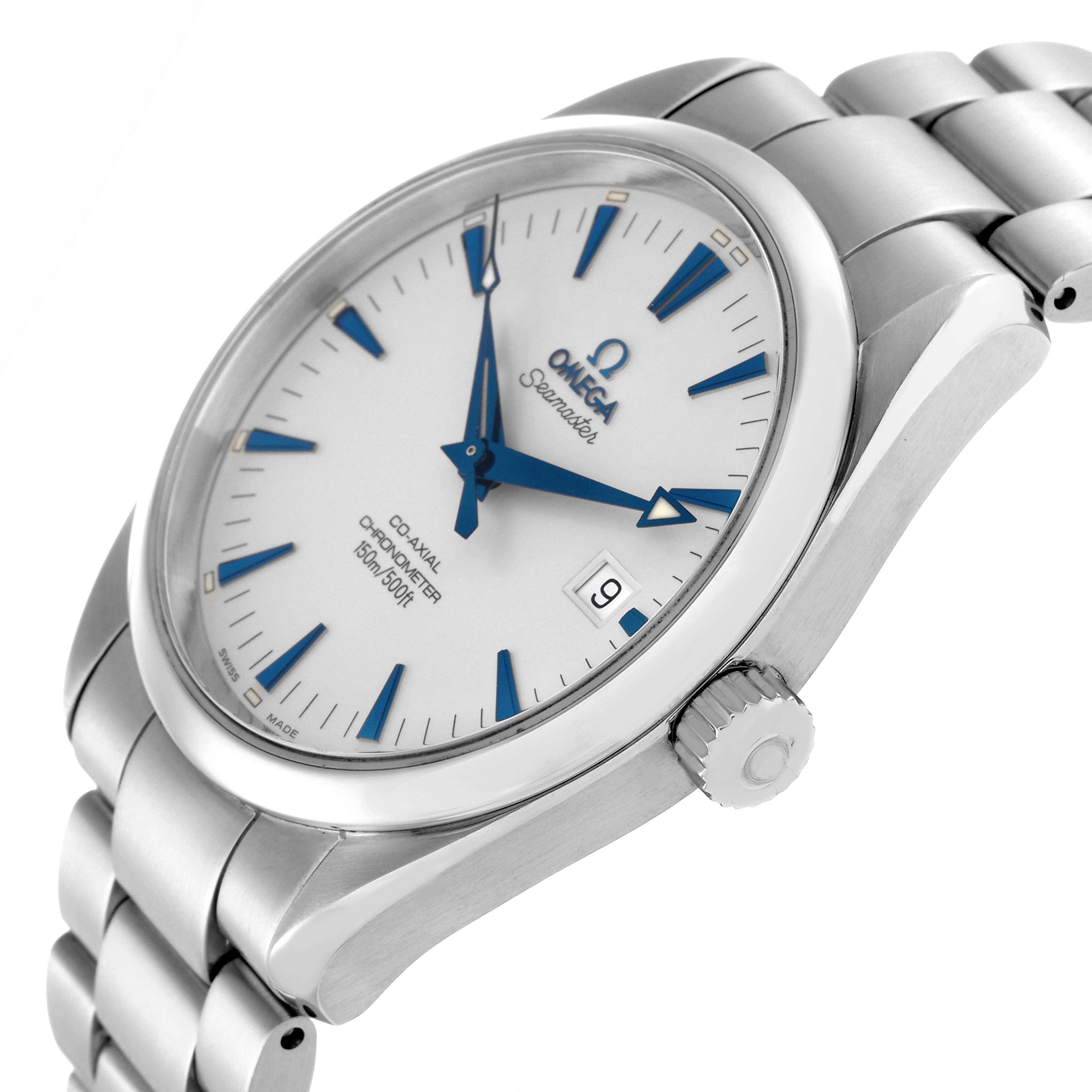 The Omega Aqua Terra 2503.33.00 Men's Stainless Steel Silver Dial watch is shown at an angle highlighting the case, bezel, crown, bracelet, and face with blue markers.