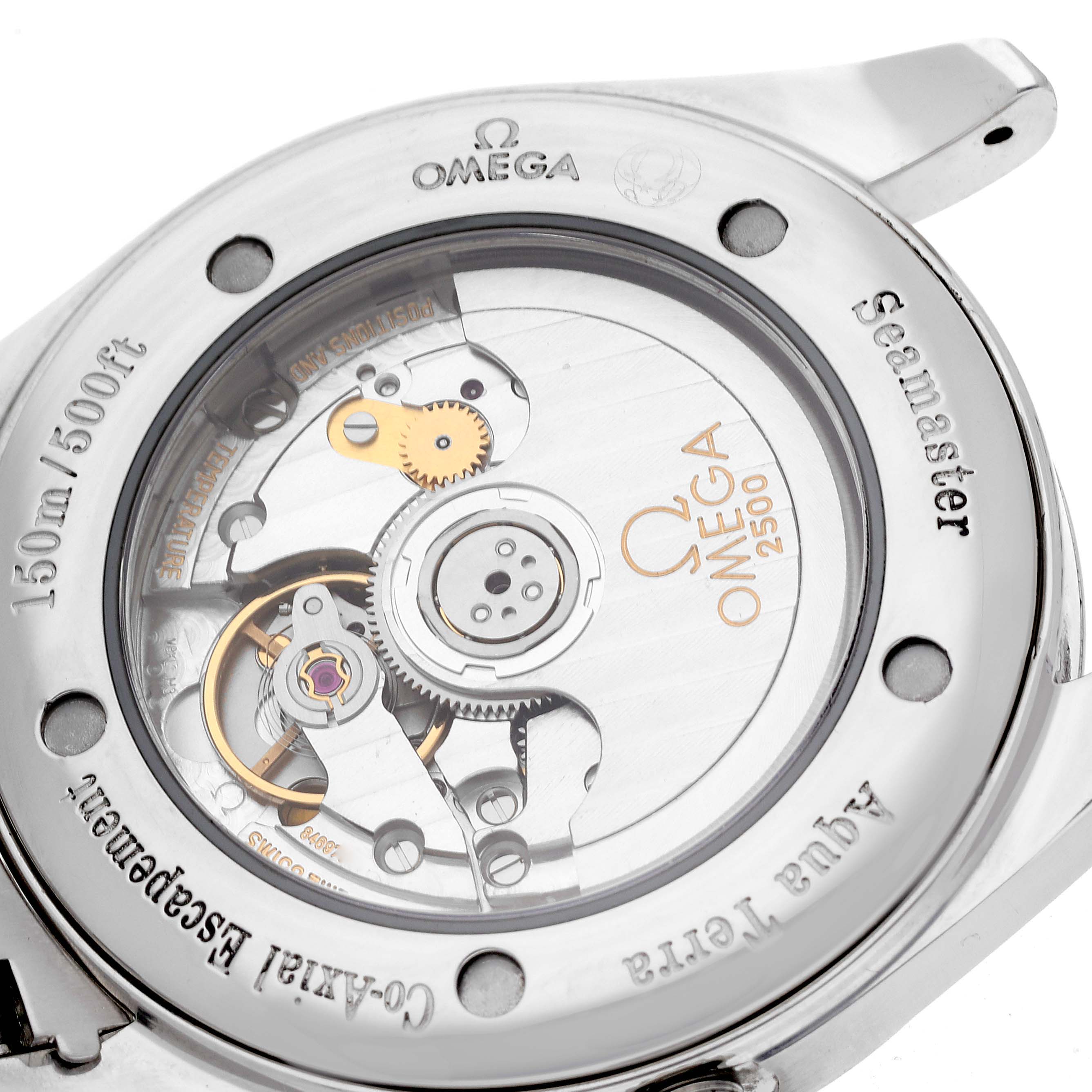 The image shows the back view of the Omega Aqua Terra 2503.33.00 Men's Stainless Steel Silver Dial, displaying its inner mechanical components and branded engravings.