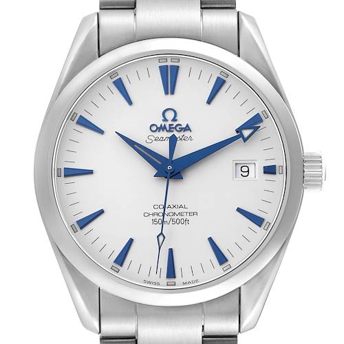 The Omega Aqua Terra 2503.33.00 Mens Stainless Steel Silver Dial watch is shown from the front, displaying the face, hands, bezel, and part of the bracelet.