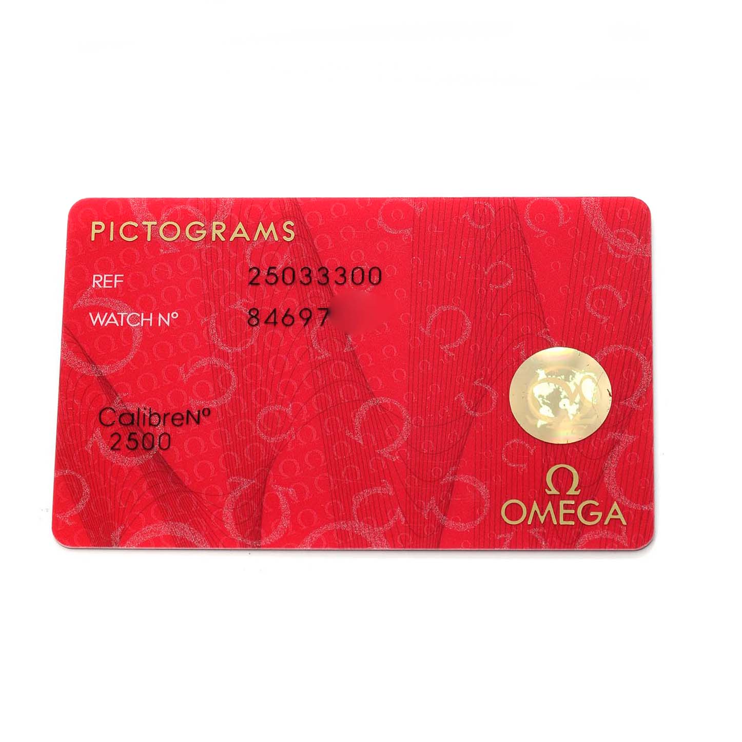 The image shows a red pictograms card for the Omega Aqua Terra 2503.33.00 Men's Stainless Steel Silver Dial model, including reference and watch numbers.