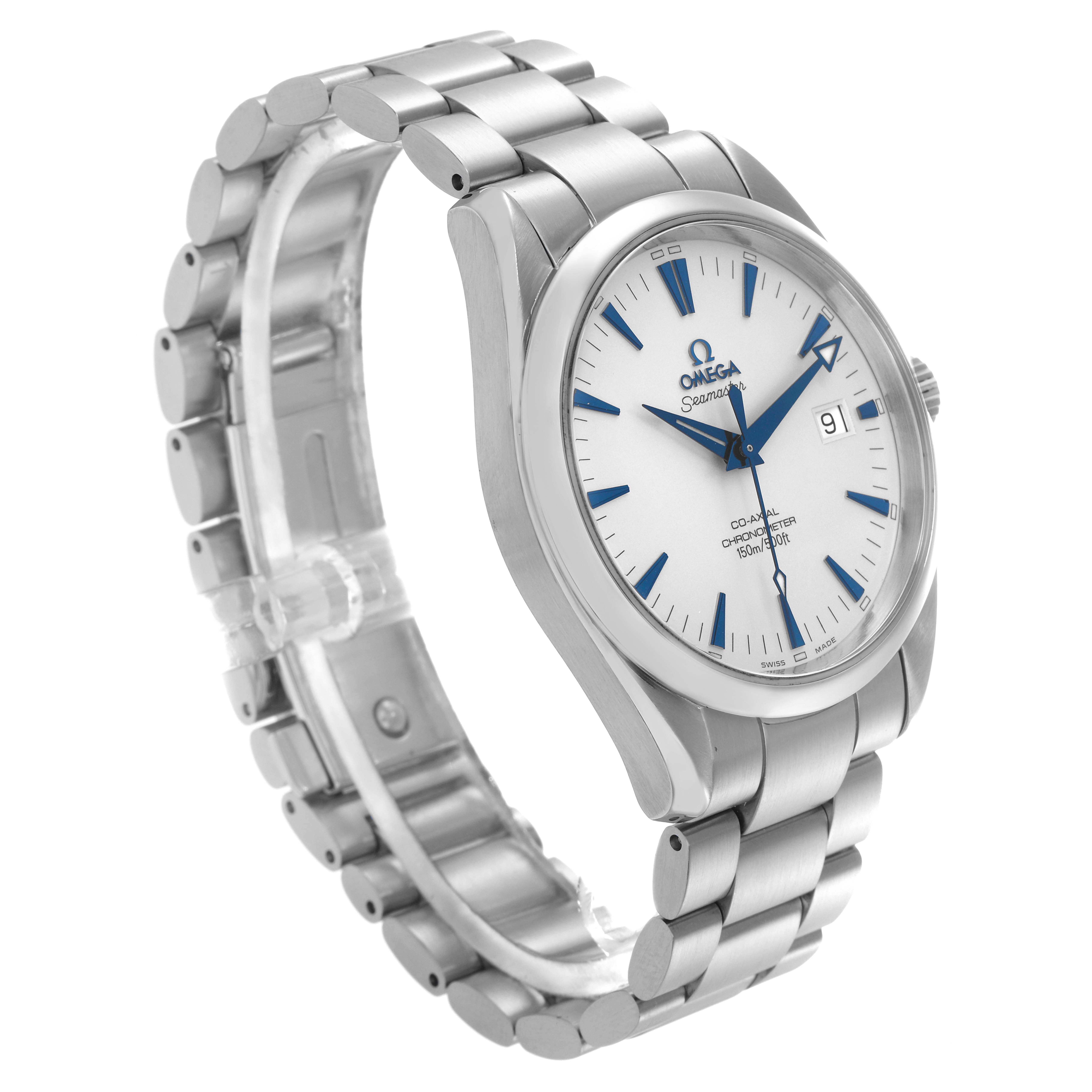 The Omega Aqua Terra 2503.33.00 Men's Stainless Steel Silver Dial watch is shown at a three-quarter angle, highlighting the face, bezel, and bracelet.
