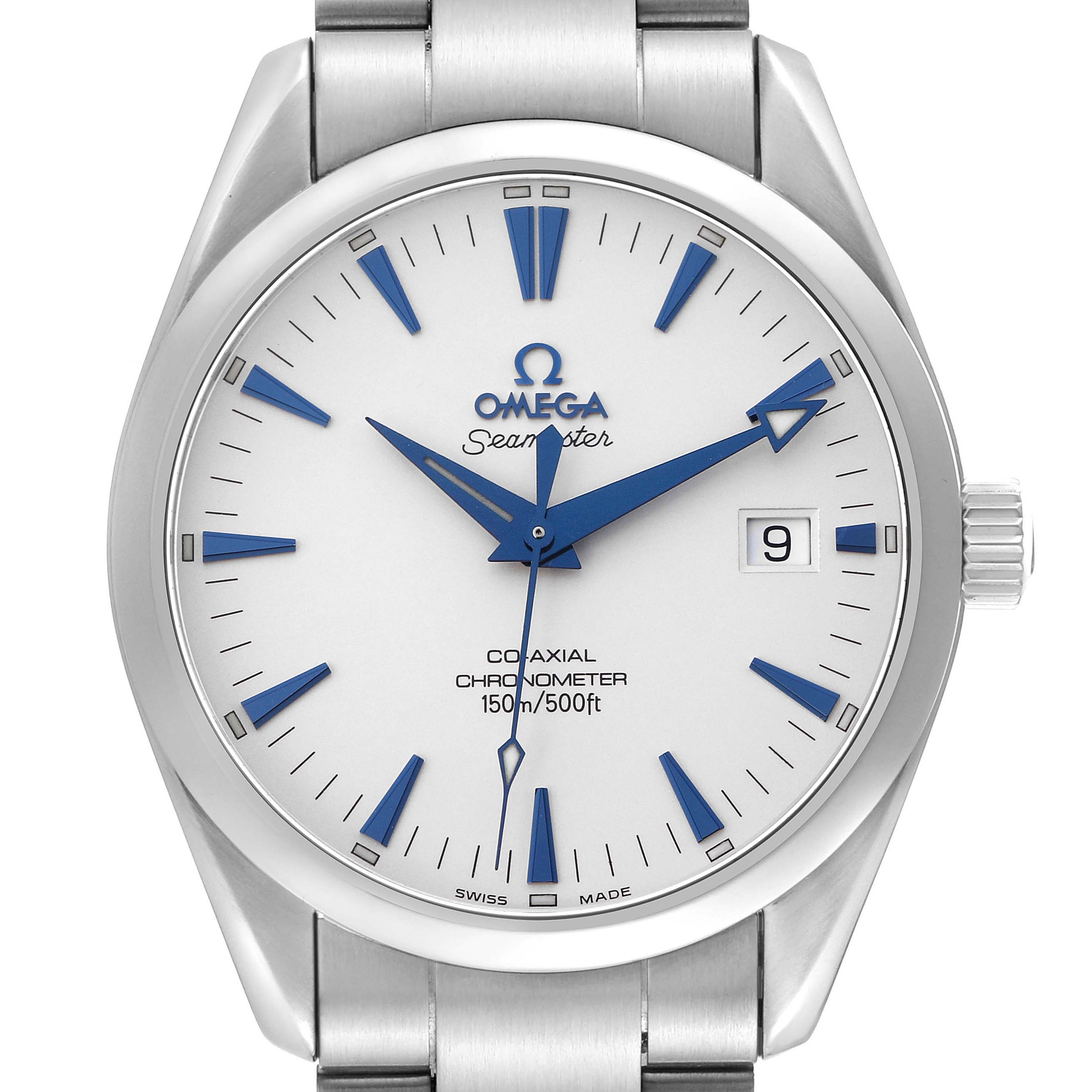 The Omega Aqua Terra 2503.33.00 Men's Stainless Steel Silver Dial watch is shown from a front angle, highlighting the dial, hands, crown, and part of the bracelet.