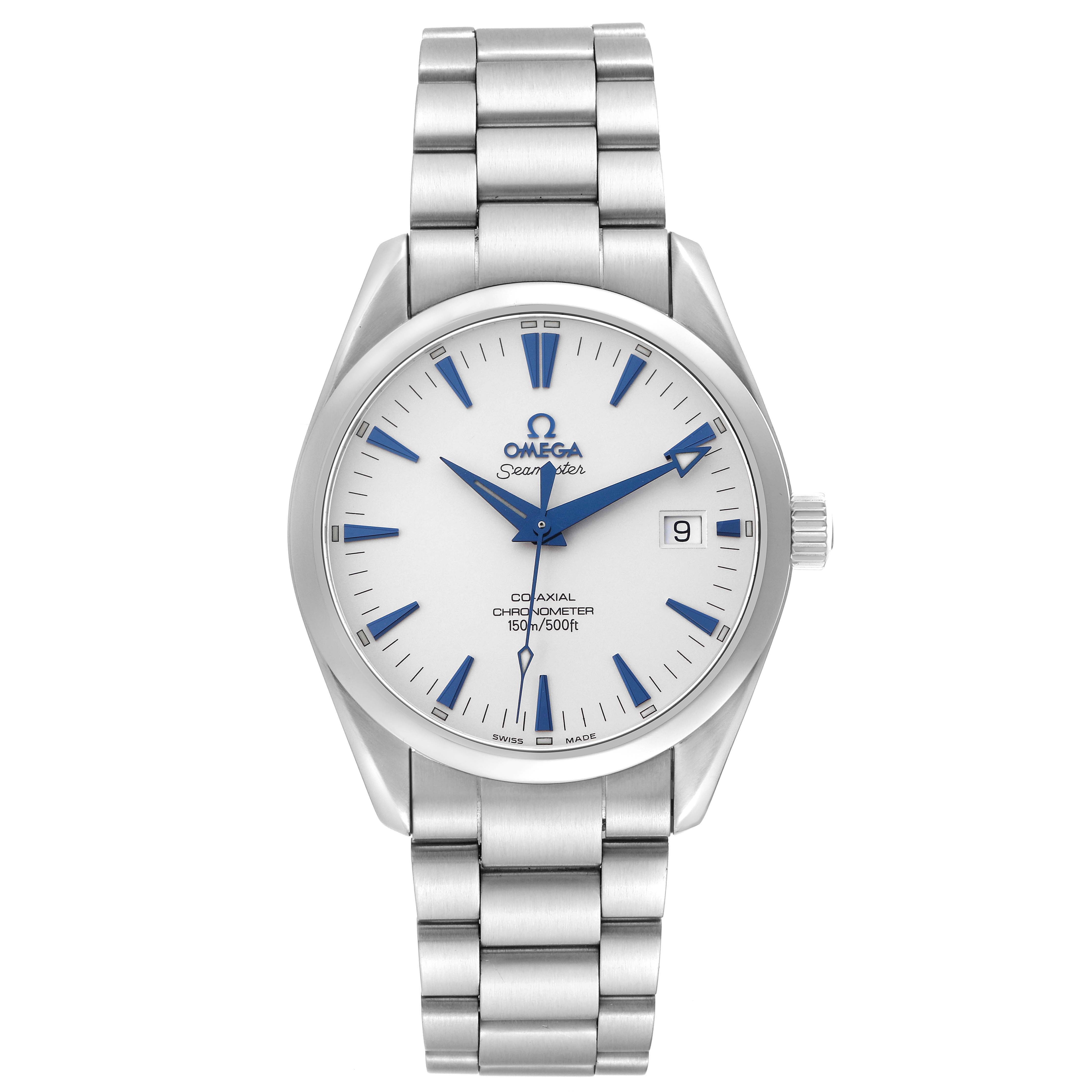The Omega Aqua Terra 2503.33.00 Men's Stainless Steel Silver Dial watch is shown from a front angle, displaying its dial, bracelet, and crown.