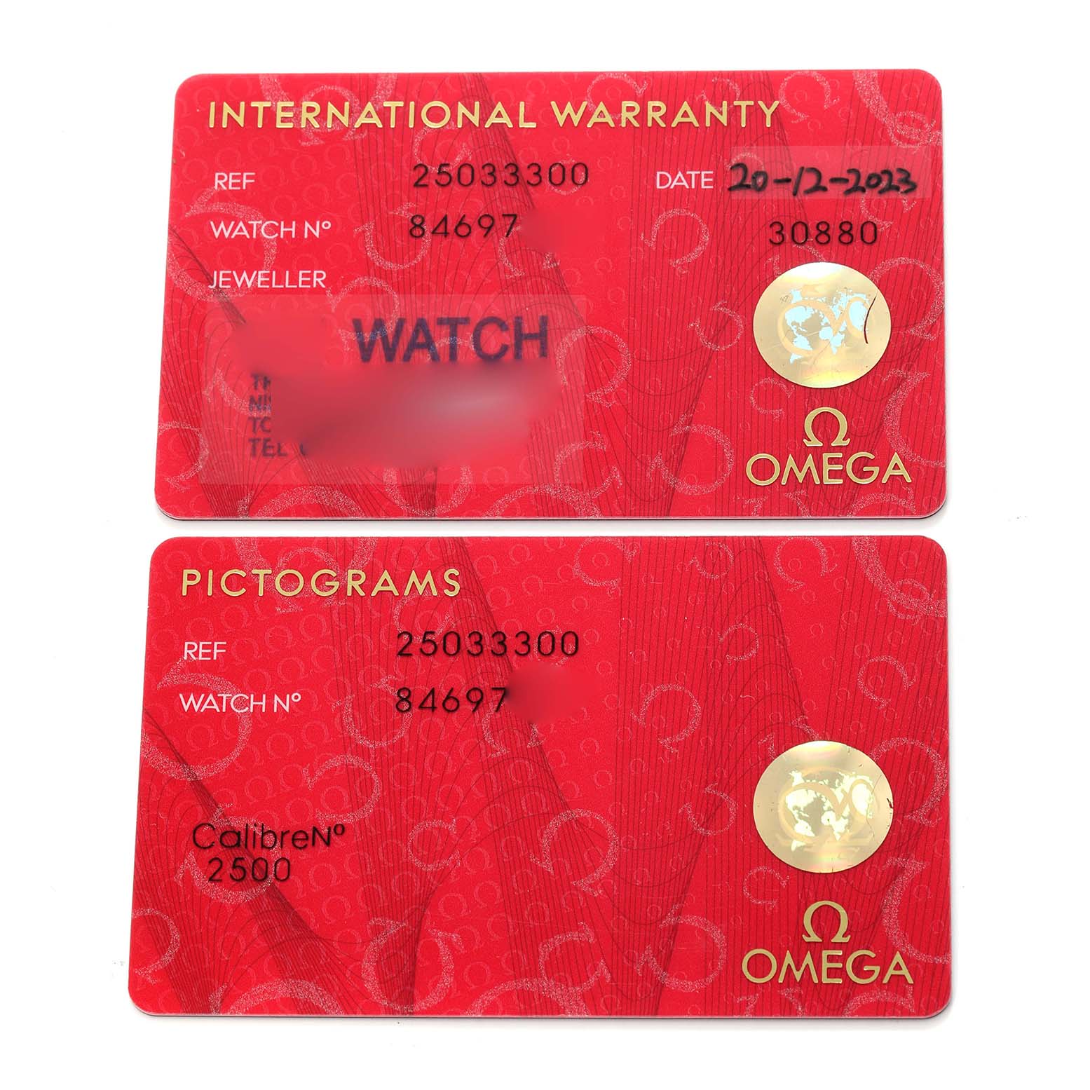 The image shows two Omega Aqua Terra 2503.33.00 Men's Stainless Steel Silver Dial warranty and pictogram cards from a top view.
