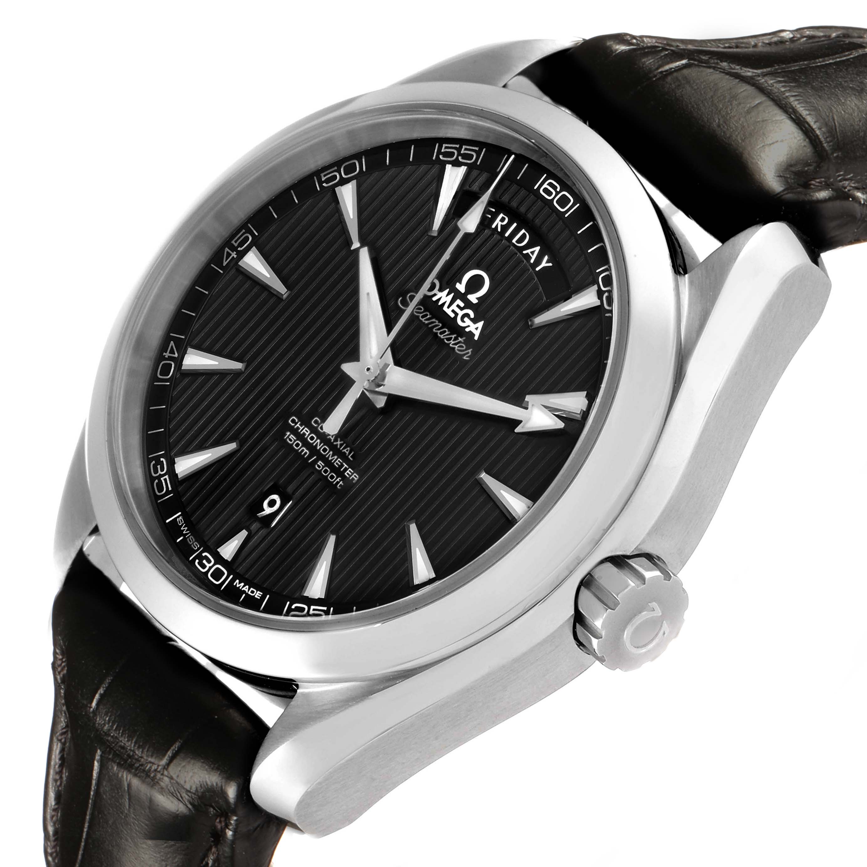The Omega Aqua Terra 231.13.42.22.01.001 Men's Stainless Steel Black Dial watch is shown at an angle highlighting the dial, crown, and part of the strap.