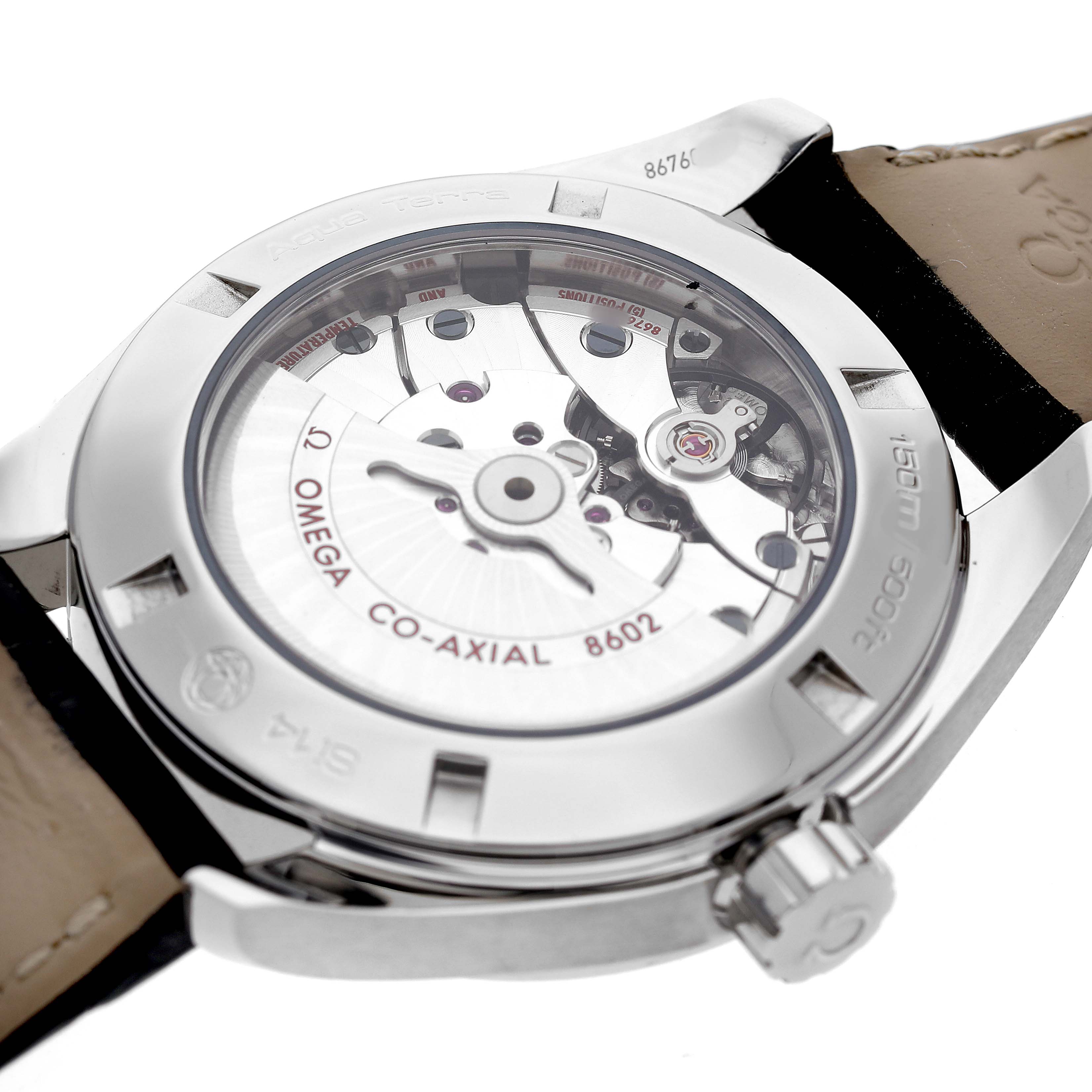The image shows the back view of the Omega Aqua Terra 231.13.42.22.01.001 Men's Stainless Steel Black Dial watch, highlighting the Co-Axial movement through a transparent case back.