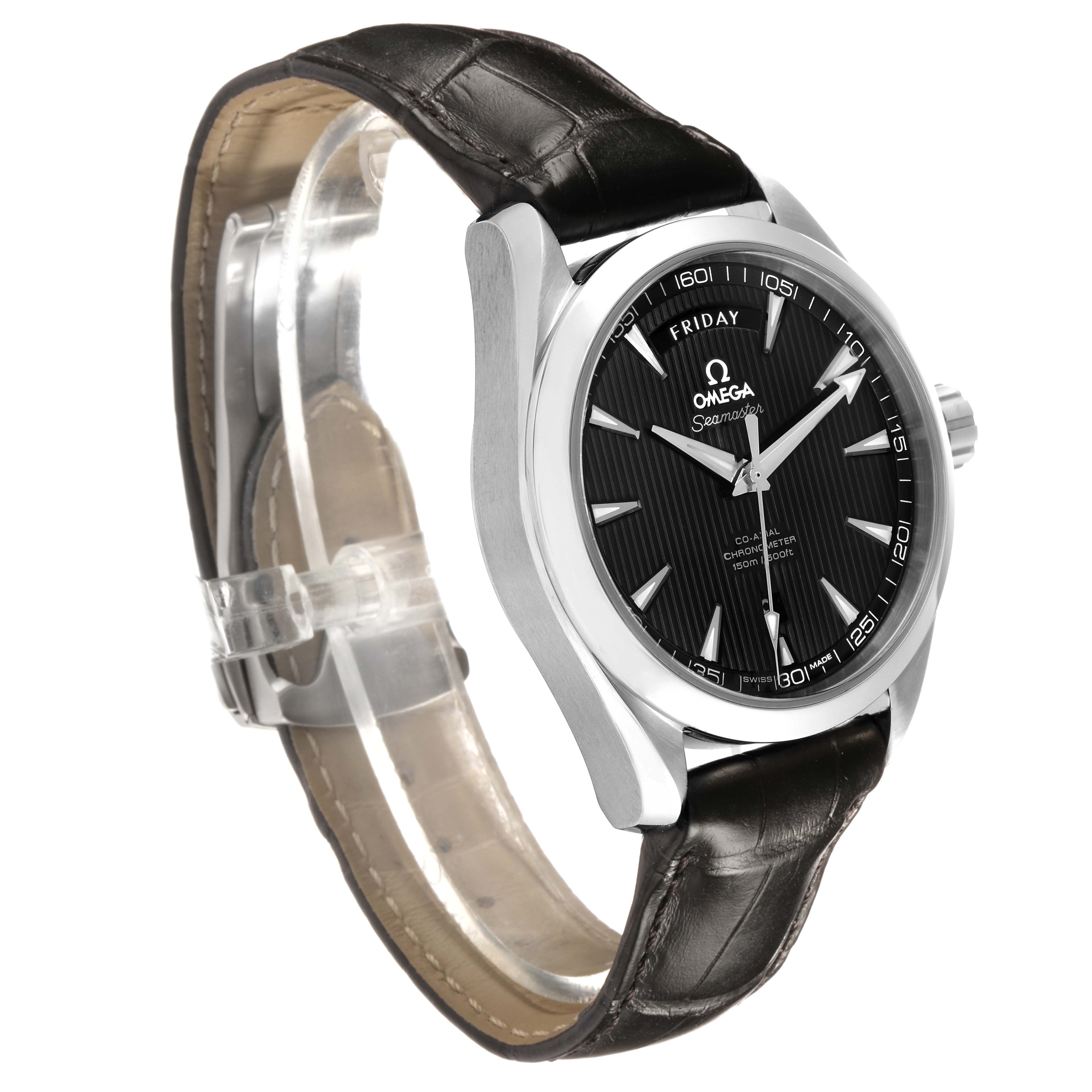 The Omega Aqua Terra 231.13.42.22.01.001 Men's Stainless Steel Black Dial model is shown at a three-quarter angle, highlighting the face, case, and leather strap.