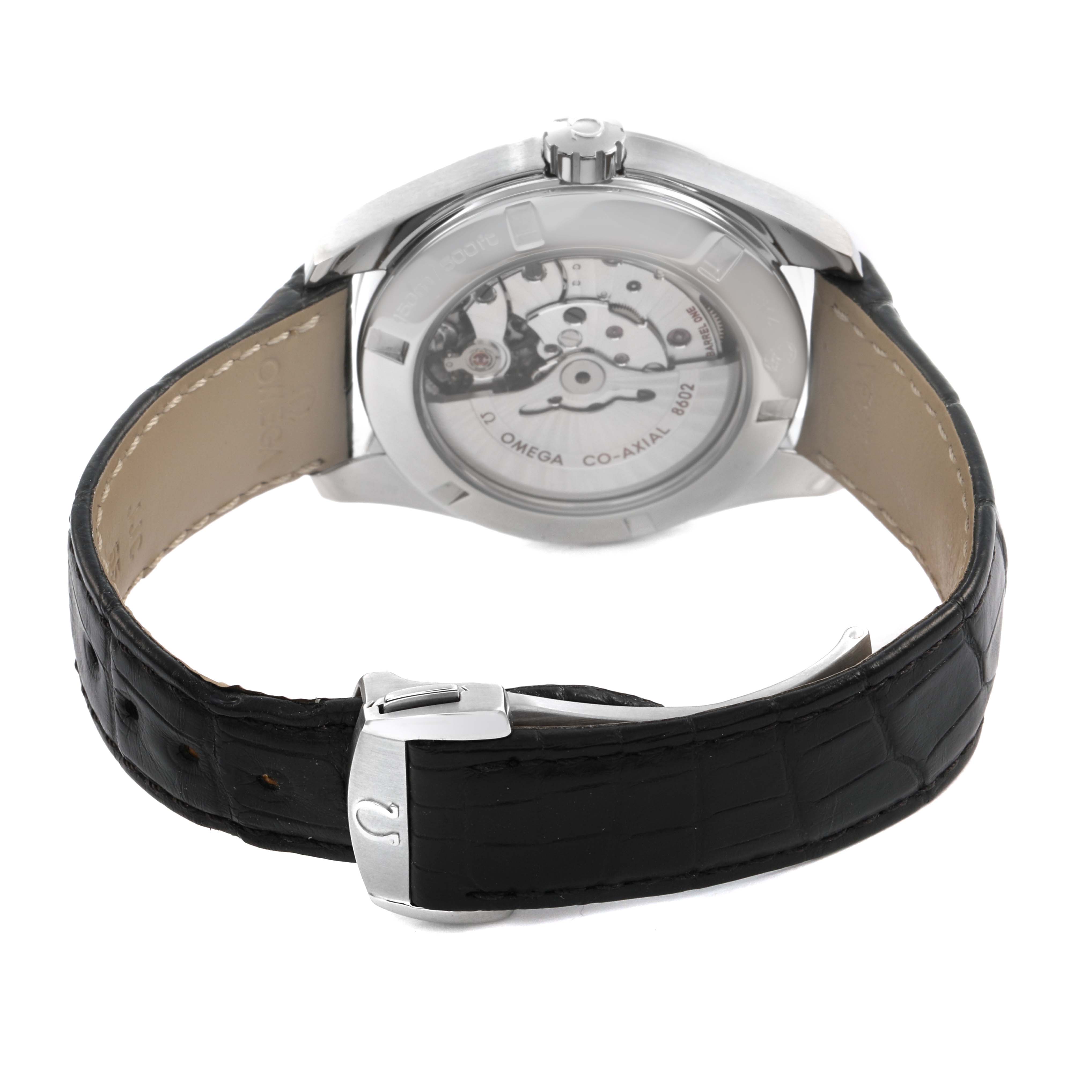The Omega Aqua Terra 231.13.42.22.01.001 Men's Stainless Steel Black Dial watch is shown from the back, highlighting the transparent case back and black leather strap.
