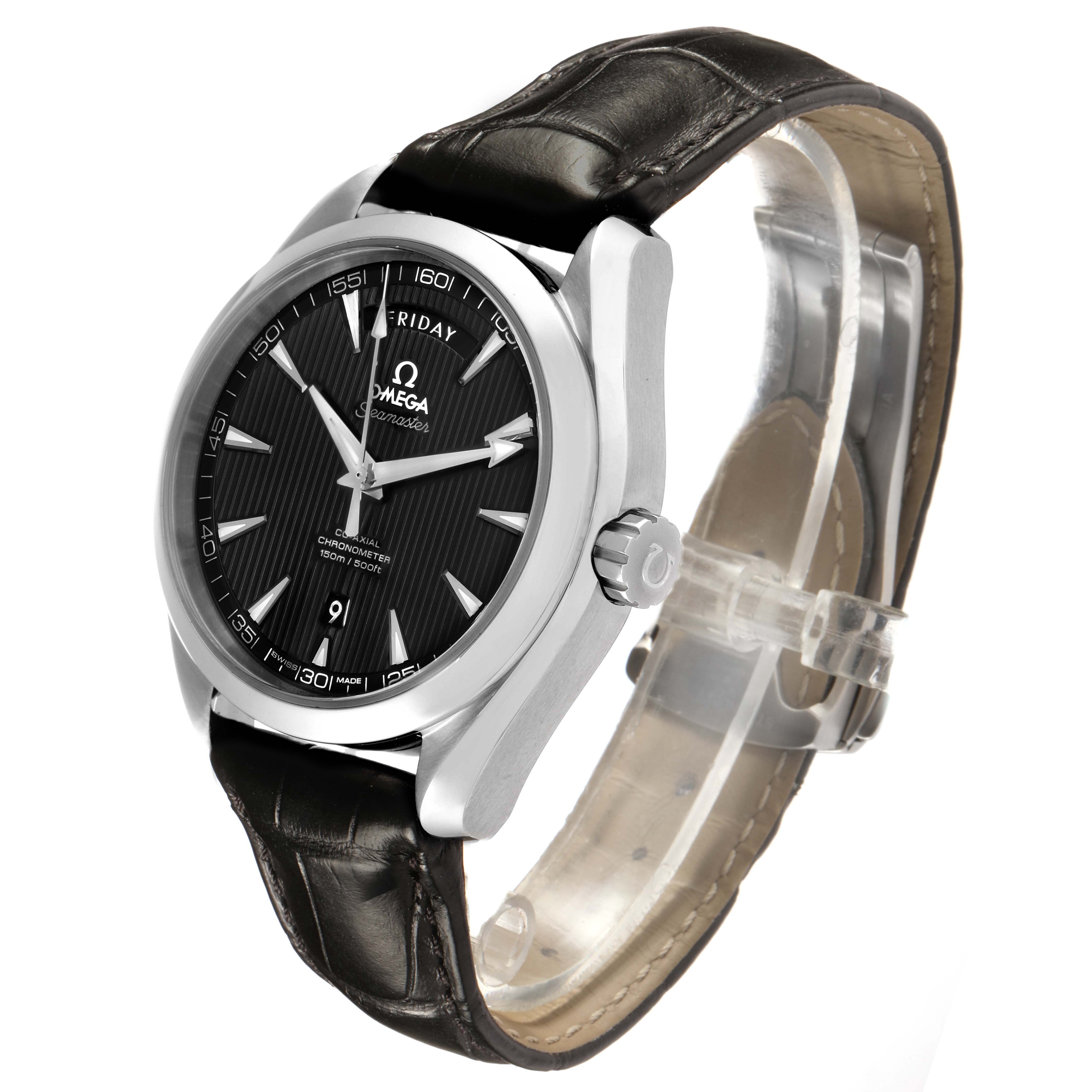 The Omega Aqua Terra 231.13.42.22.01.001 Men's Stainless Steel Black Dial watch is shown at a three-quarter angle, highlighting the dial, bezel, crown, and leather strap.