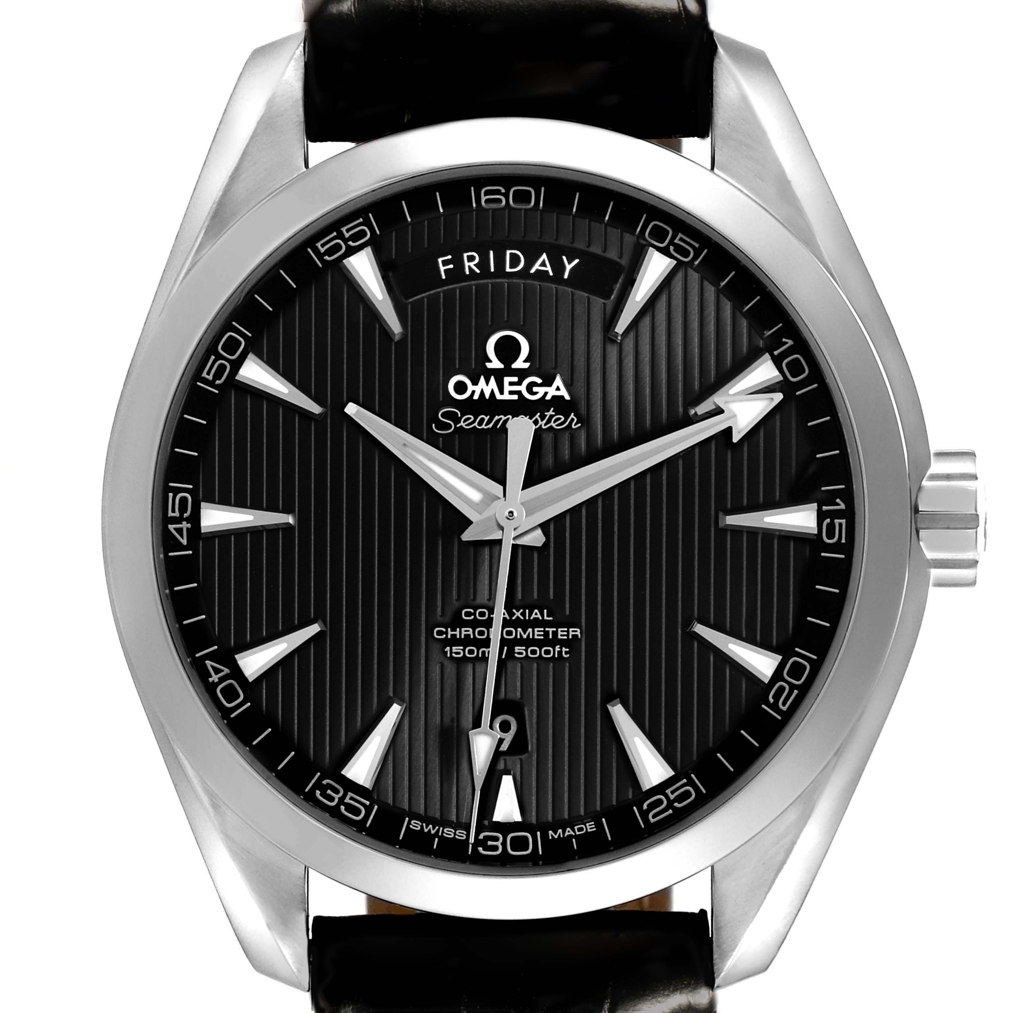 The Omega Aqua Terra 231.13.42.22.01.001 Men's Stainless Steel Black Dial watch is shown from the front, highlighting its dial, hands, and bezel.