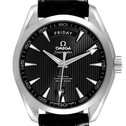 The Omega Aqua Terra 231.13.42.22.01.001 Mens Stainless Steel Black Dial watch is shown from the front, highlighting the dial, hands, bezel, and part of the strap.