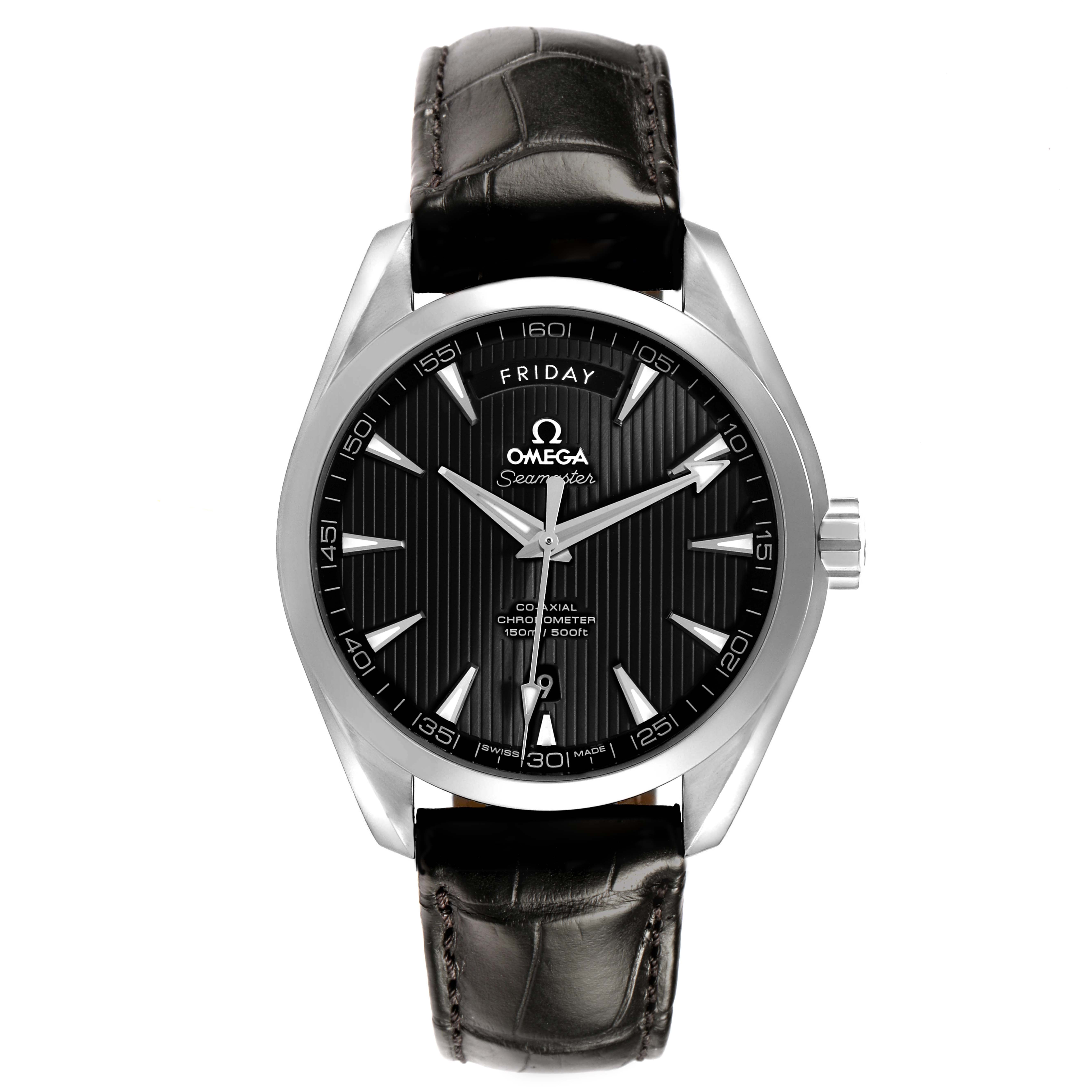 The Omega Aqua Terra 231.13.42.22.01.001 Men's Stainless Steel Black Dial model is shown from the front, displaying the dial, hands, crown, and strap.