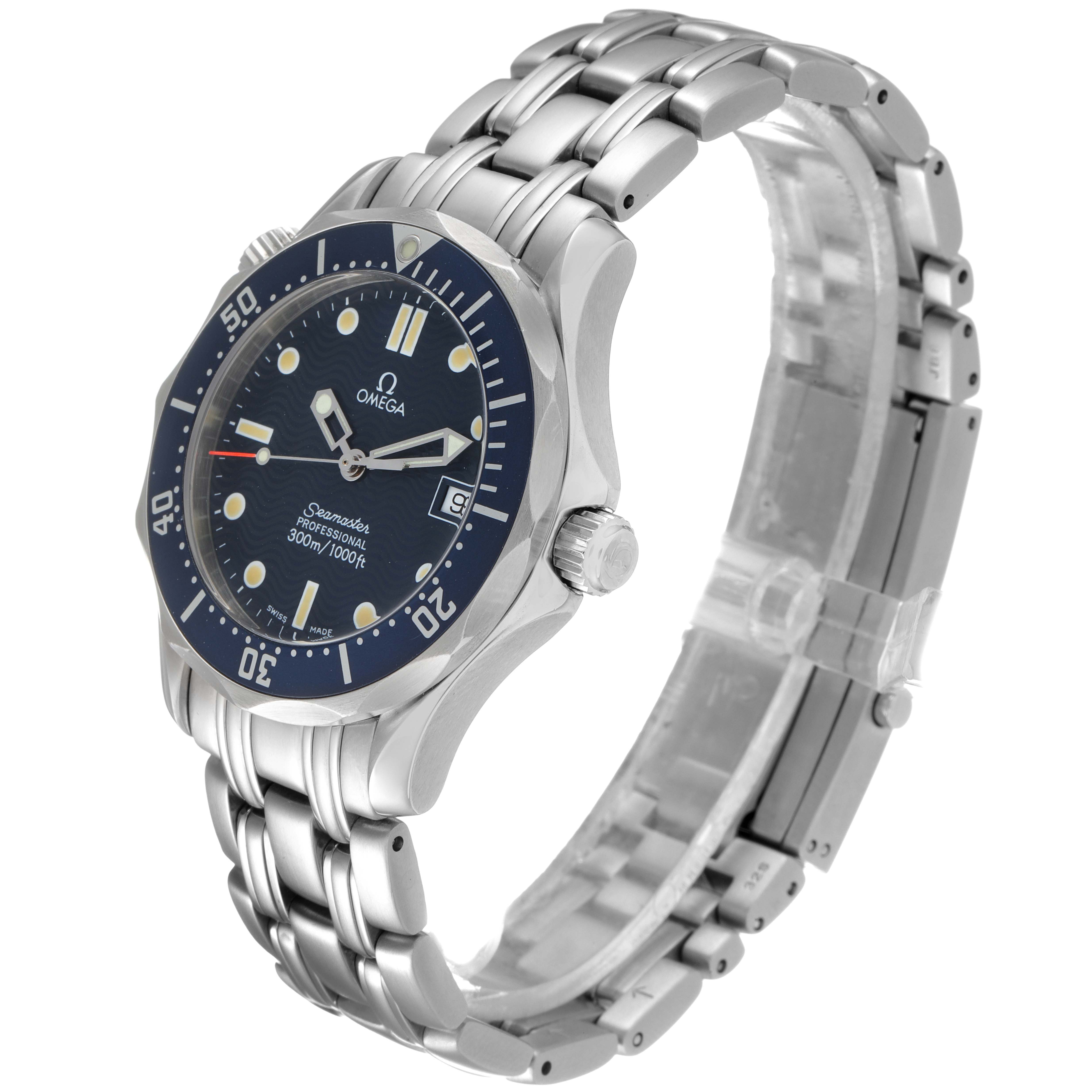 The image shows a side angle view of the Omega Seamaster 2561.80.00 Men
s Stainless Steel Blue Dial 2561.80.00 Men
s Stainless Steel Blue Dial watch, highlighting the dial, bezel, crown, and bracelet.