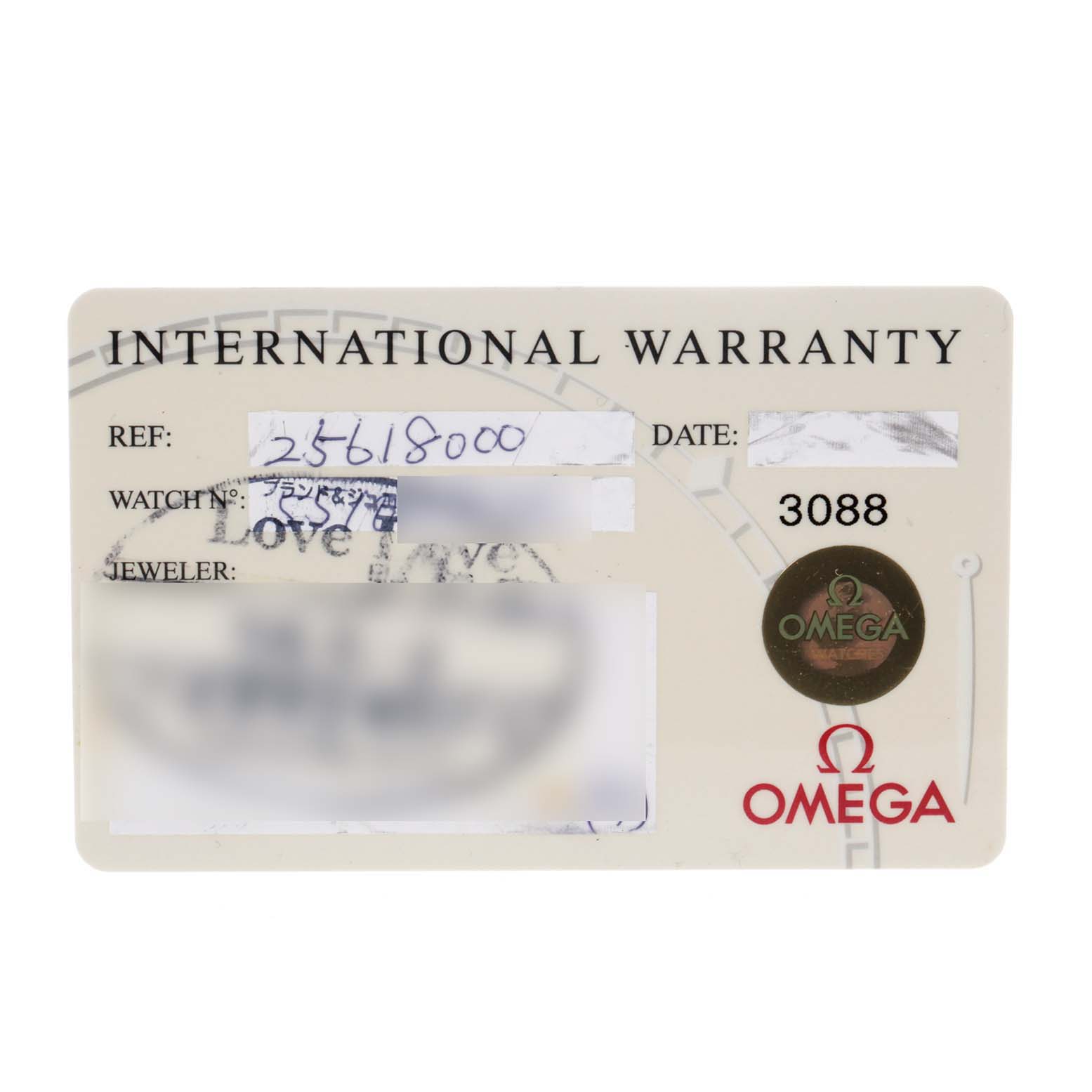 This image shows the International Warranty card for an Omega Seamaster 2561.80.00 Men
s Stainless Steel Blue Dial 2561.80.00 Men
s Stainless Steel Blue Dial watch.
