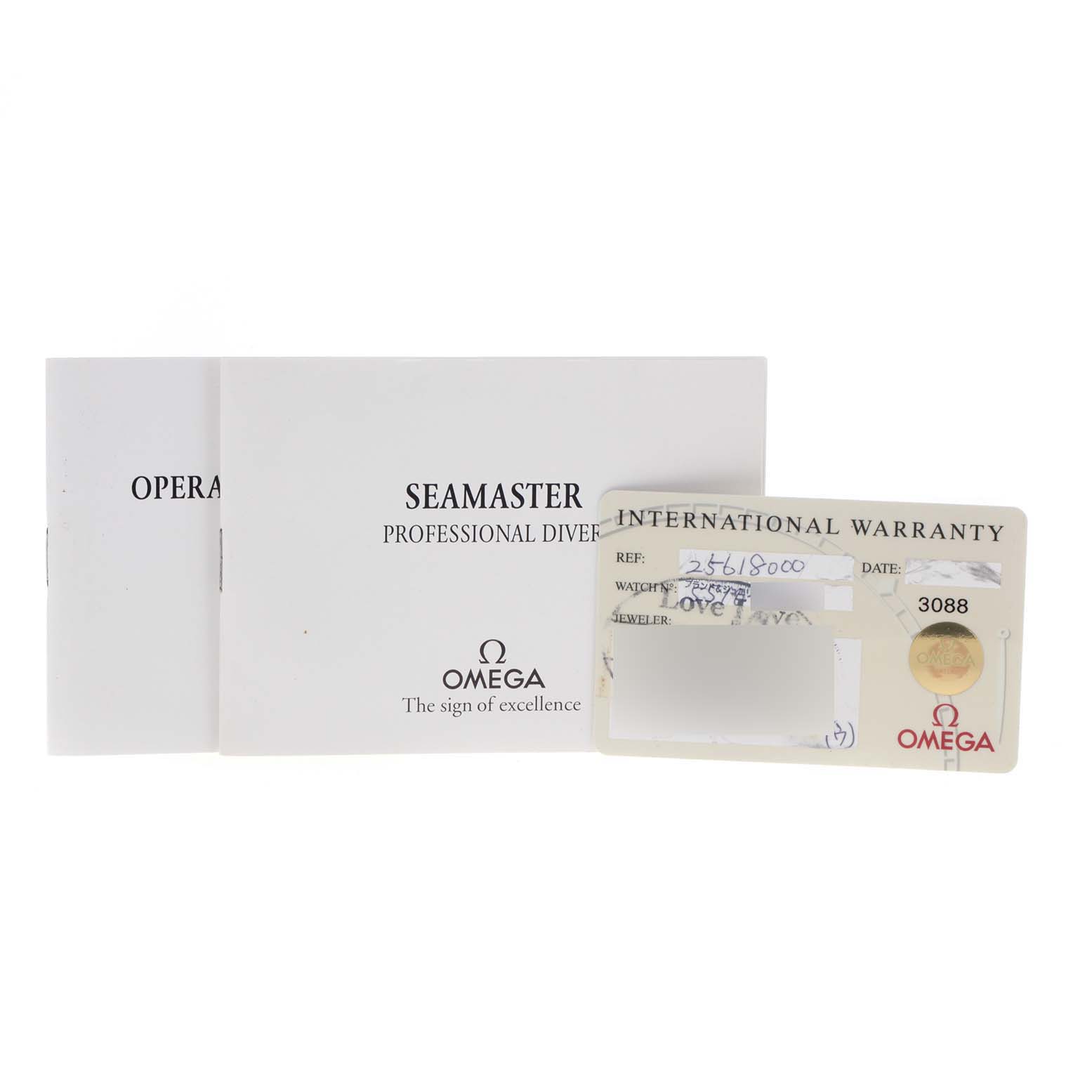 The image shows an Omega Seamaster 2561.80.00 Men
s Stainless Steel Blue Dial 2561.80.00 Men
s Stainless Steel Blue Dial model warranty card with the operation and instruction manuals.