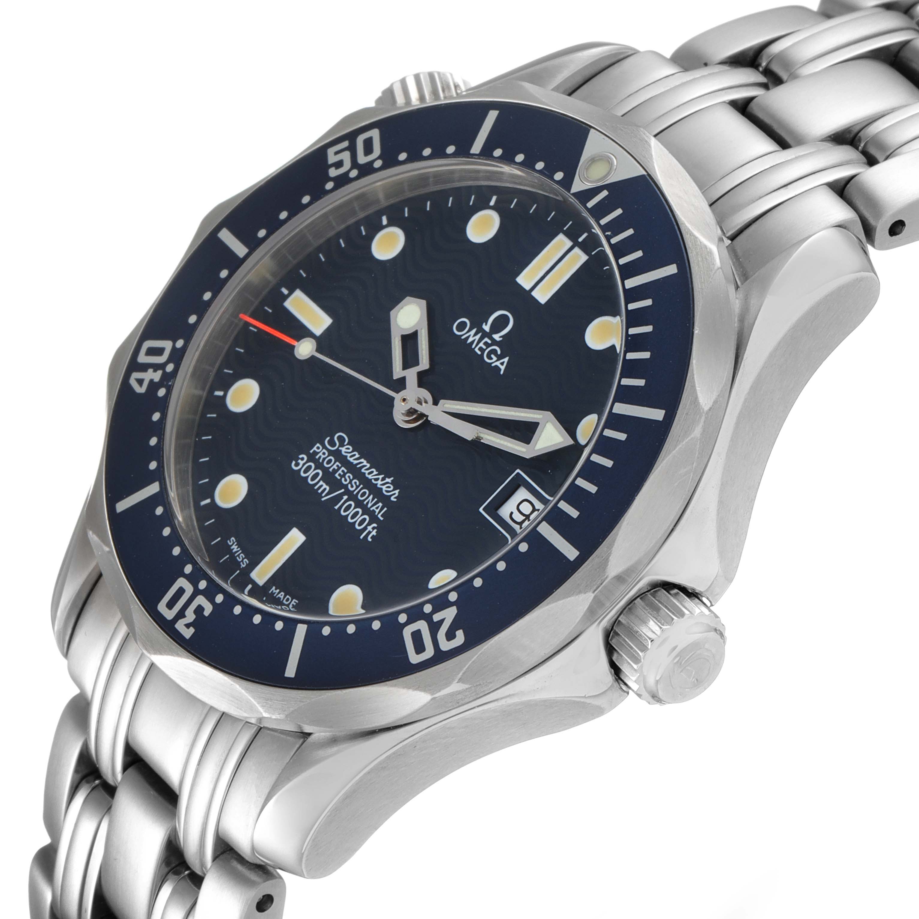 The image shows an angled view of an Omega Seamaster 2561.80.00 Men
s Stainless Steel Blue Dial 2561.80.00 Men
s Stainless Steel Blue Dial watch, highlighting its dial, bezel, case, crown, and bracelet.