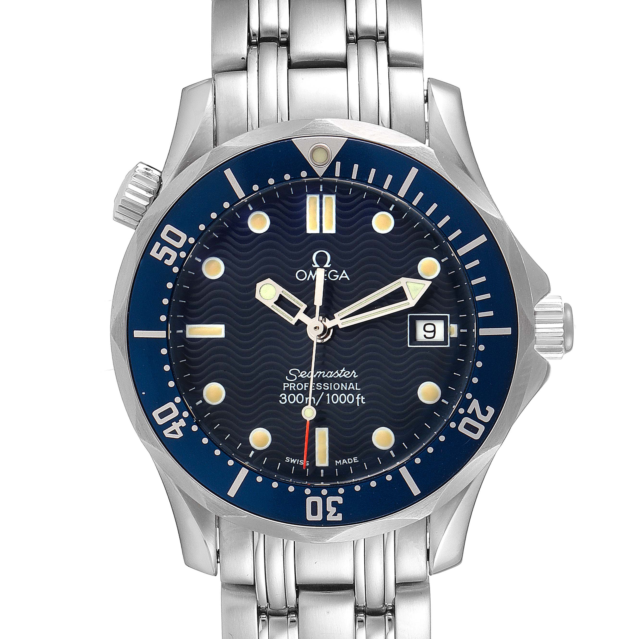 This Omega Seamaster 2561.80.00 Men
s Stainless Steel Blue Dial 2561.80.00 Men
s Stainless Steel Blue Dial watch is shown from a front angle, displaying its face, bezel, and part of the bracelet.