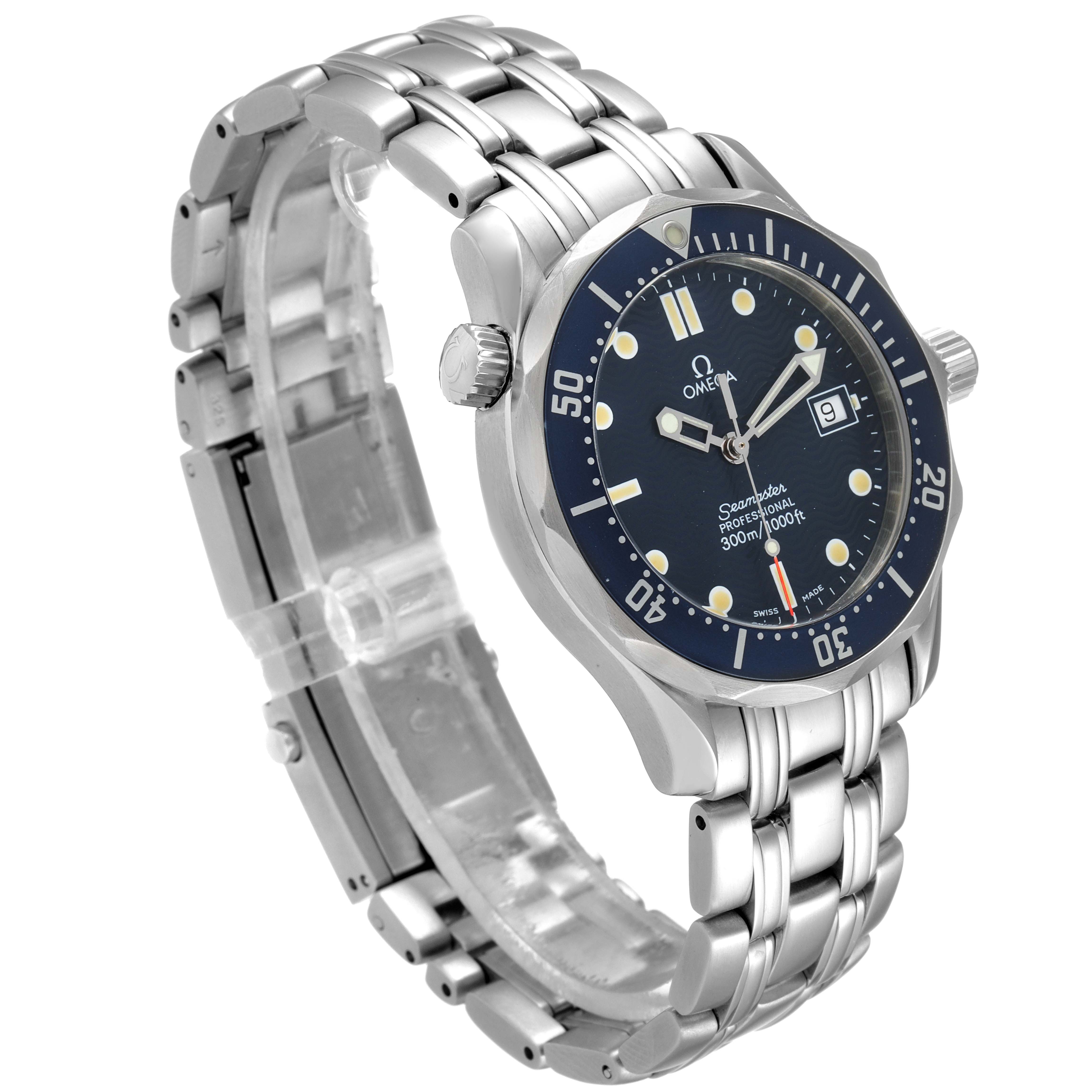 The image shows the Omega Seamaster 2561.80.00 Men
s Stainless Steel Blue Dial 2561.80.00 Men
s Stainless Steel Blue Dial watch at a slight angle highlighting the face, bezel, crown, and part of the stainless steel bracelet.