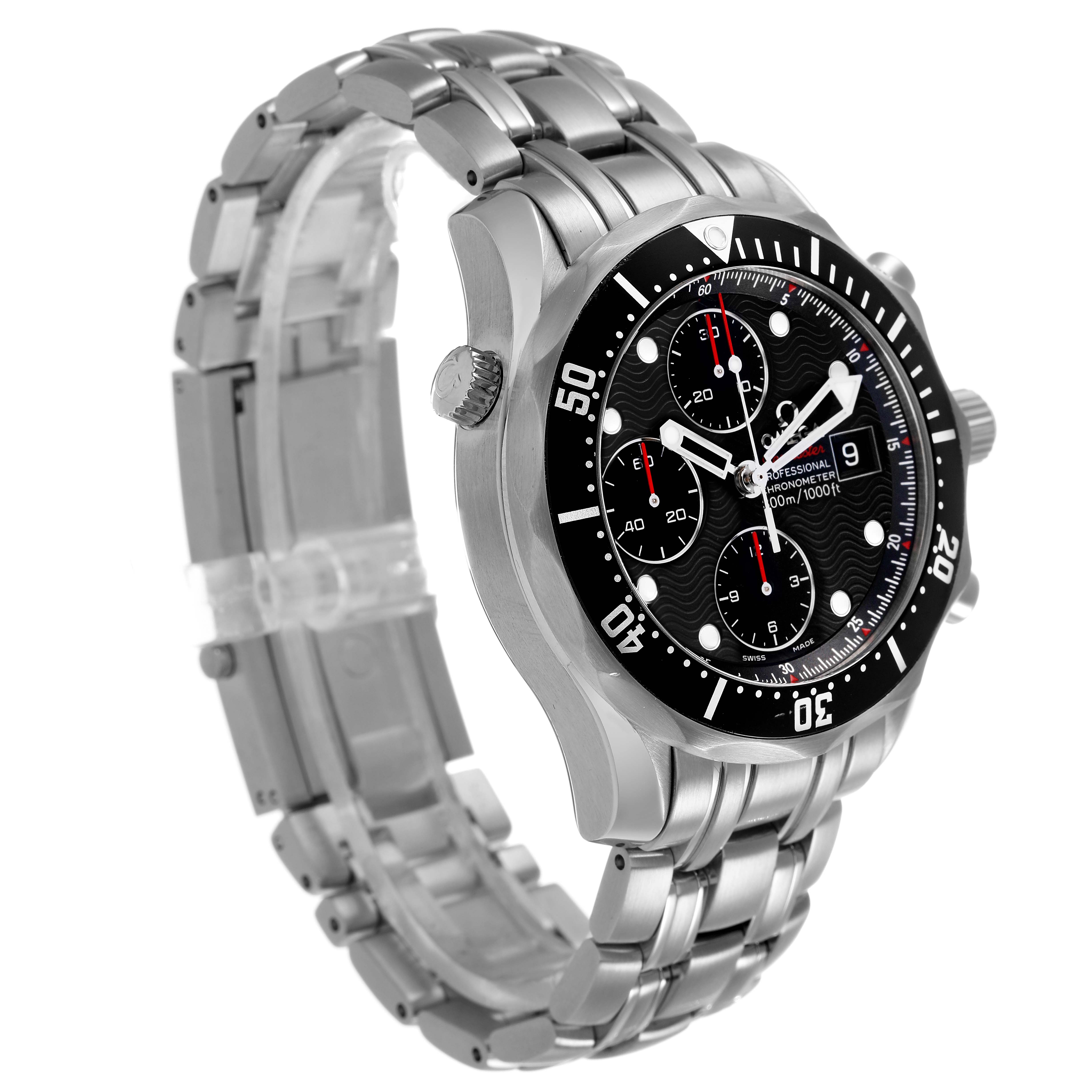 The Omega Seamaster 213.30.42.40.01.001 Men's Stainless Steel Black Dial watch is shown at a three-quarter angle, highlighting its face, bezel, and metal bracelet.