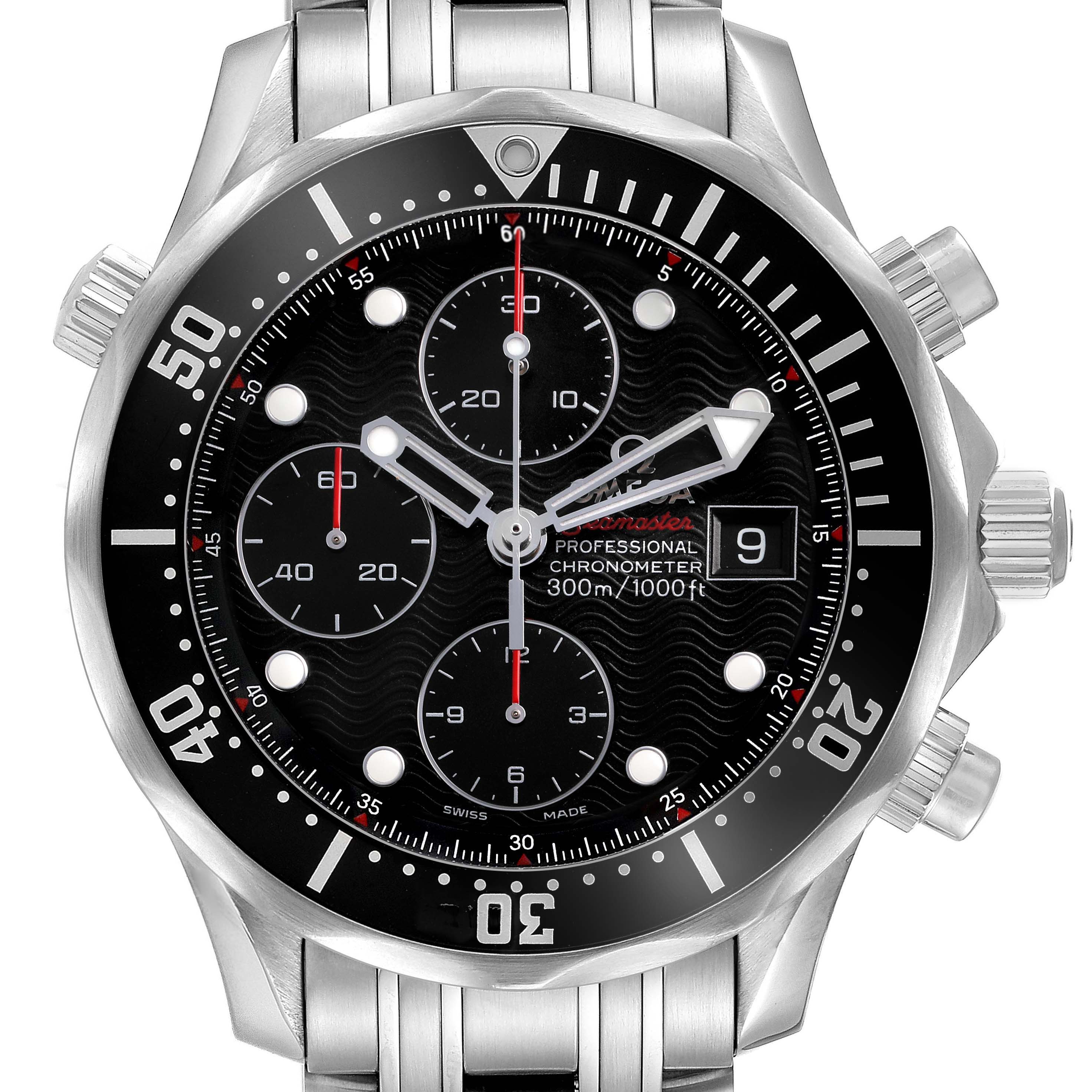 The Omega Seamaster 213.30.42.40.01.001 Men's Stainless Steel Black Dial watch is shown from a direct front angle, displaying its face, bezel, and metal bracelet.